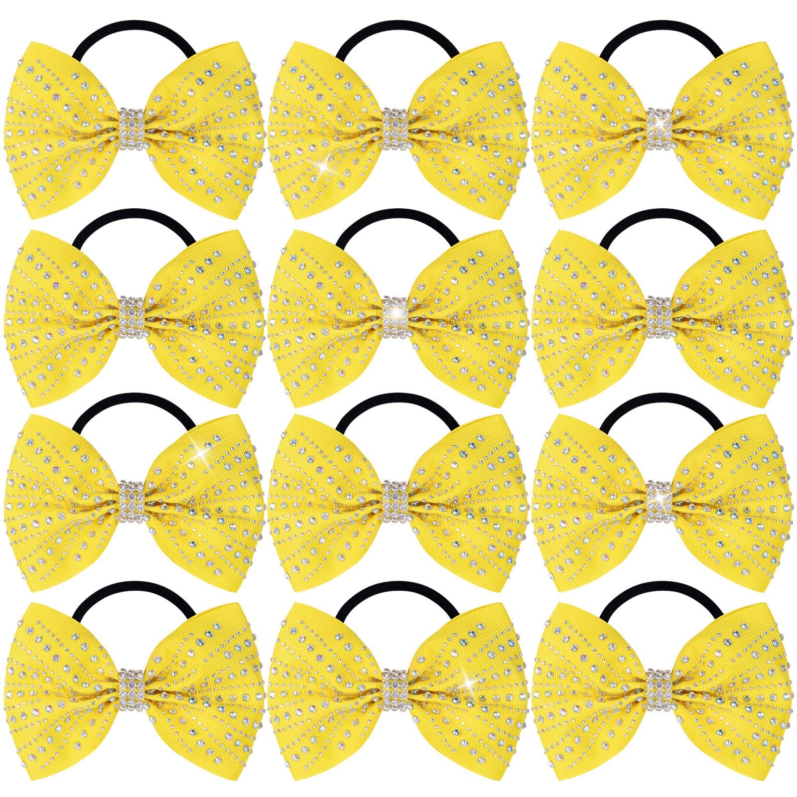 OAOLEER 12PCS Glitter Cheer Hair Bows for Cheerleading, Cheer Bow with Ponytail Holder for Teen Girls Cheerleader (Yellow)