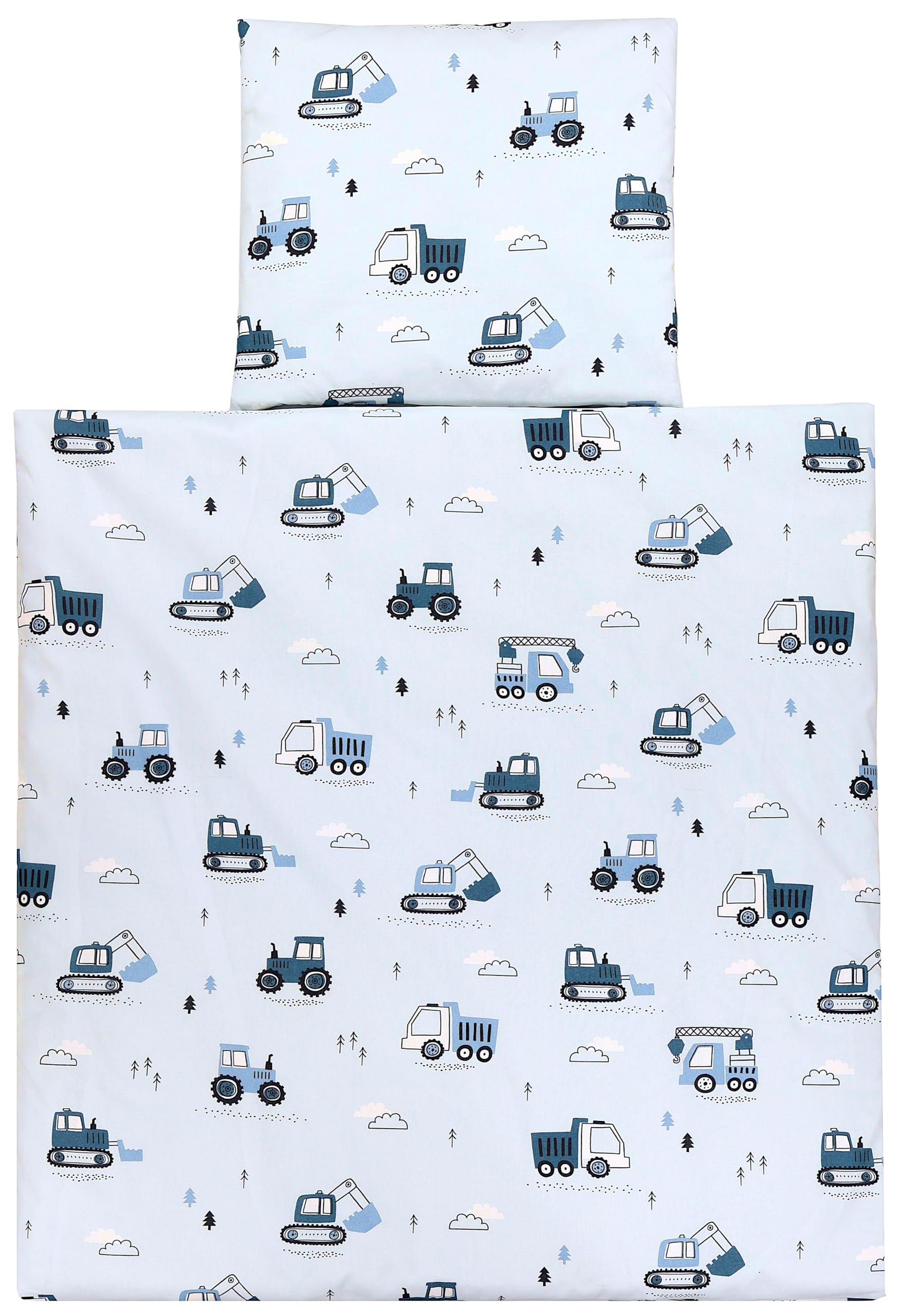 TupTam Unisex Baby Wiegenset 4-teilig Bettwäsche-Set: Bettdecke und Kopfkissen mit Bezug, Farbe: Baufahrzeuge/Bagger/Blau/Hellgrau, Größe: 80x80 cm