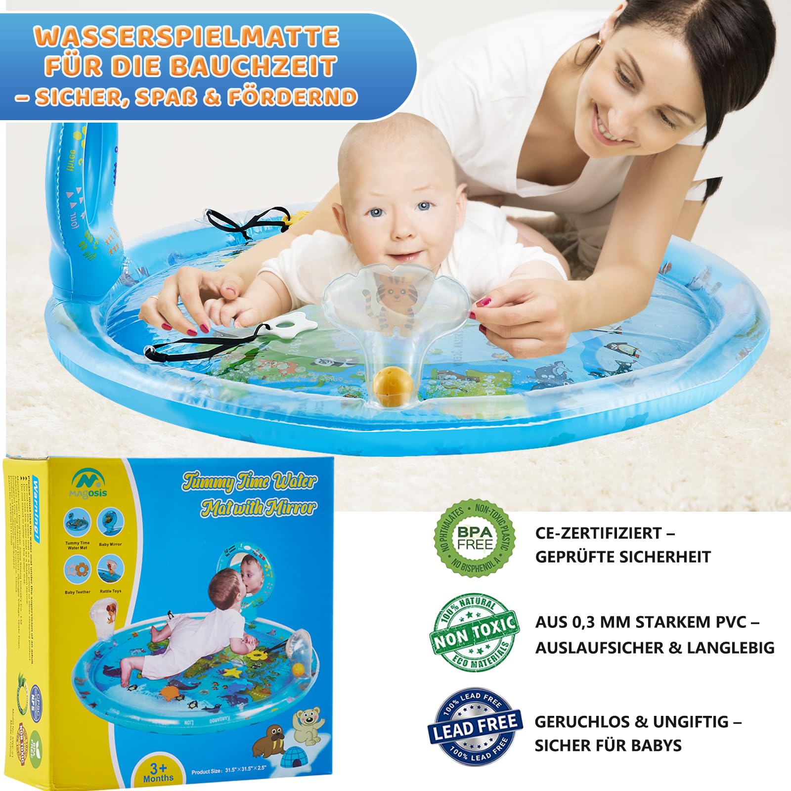 Wassermatte Baby Spielzeug 80×80 cm – Extra Große Montessori Bauchzeit Sensorik Wasserspielmatte mit Spiegel, Rassel & Beißring ab 3–12 Monate, Weltkarten Aquamatte, BPA-Frei & kein Auslaufen