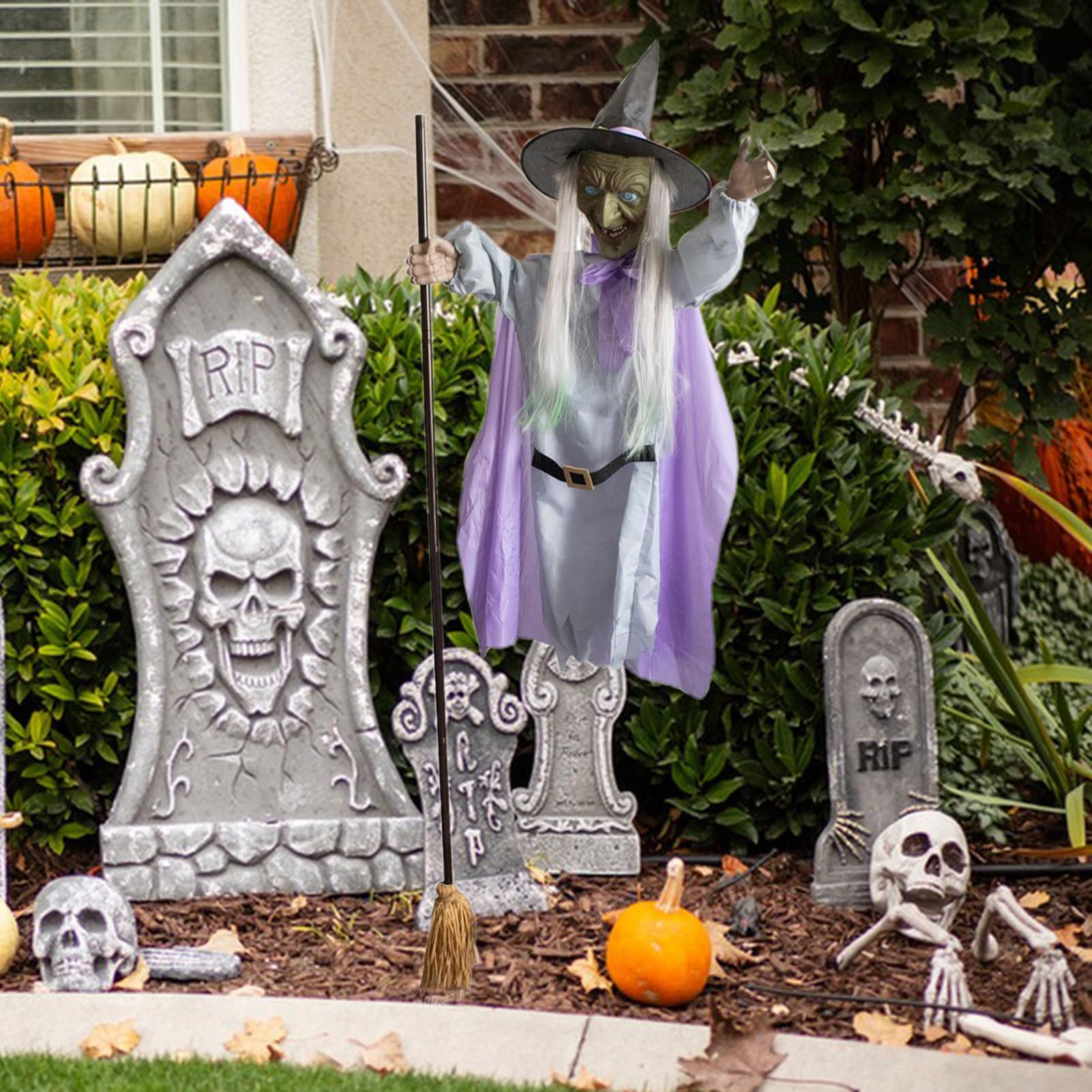 Sorcière Halloween Volante Sur Balai 180 Cm - Animatronique Avec Yeux Lumineux Et Son Effrayant - Décoration De Jardin Ou Maison