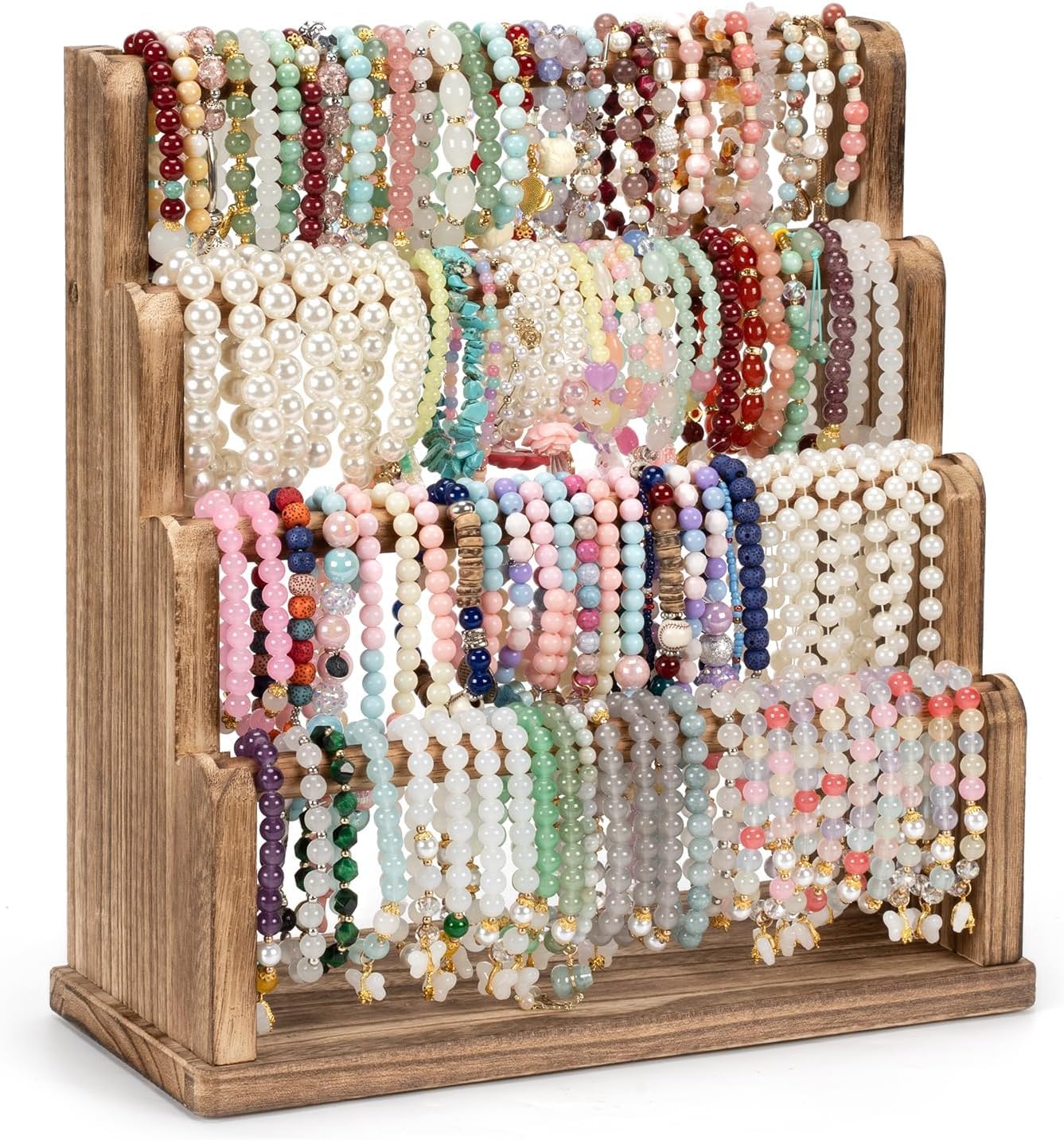 4 Niveaux Porte Bracelet, Bois Presentoir Bracelet, Porte Bijoux Femme Amovible pour Bracelets, Bandeau, Montres, Support Bracelets pour Maisons, Foires D'artisanat et Magasins(Marron Vintage)