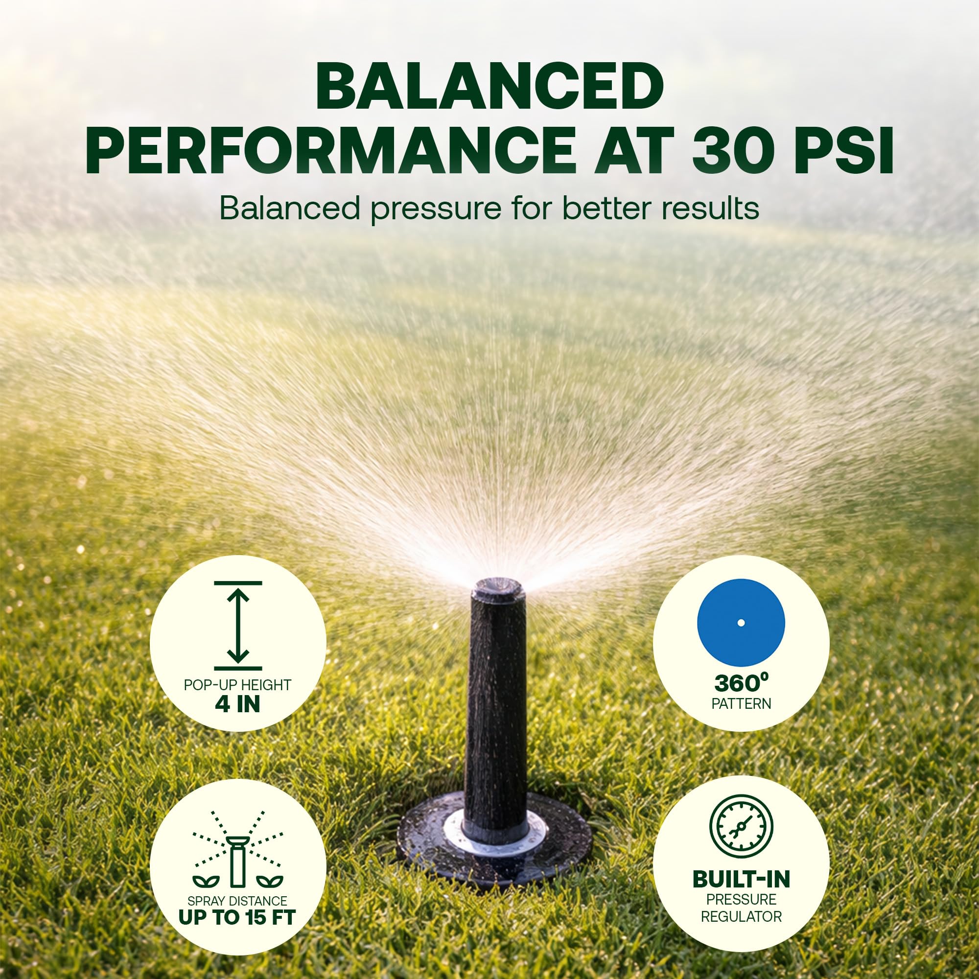 Rain Bird 1804APPRS Druckgeregelter 1800 Series Dual Spray 10,2 cm Pop-Up-Sprinklerkopf, 4 Stück, wassereffizienter Rasensprenger mit 360-Grad-Muster, 1,27 cm NPT, bis zu 4,5 m Sprühabstand