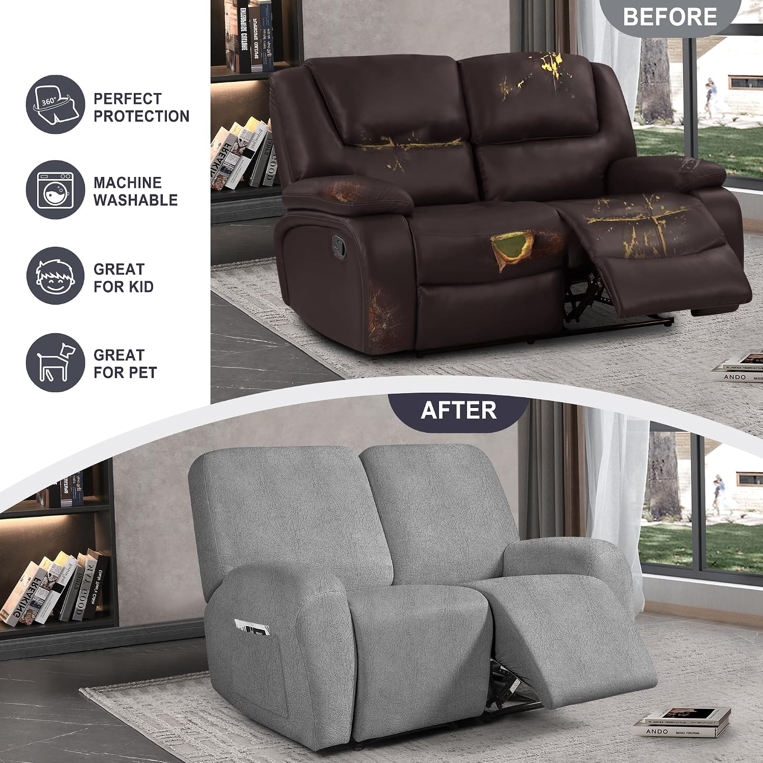 ANARACHON Leather Look Loveseat Recliner Cover, 6-Pieces Stretch Dual Recliner Sofa Covers, Soft Reclining Couch Slipcover, Washable Furniture Protector for Pets (2 Seater,256 Light Gray)