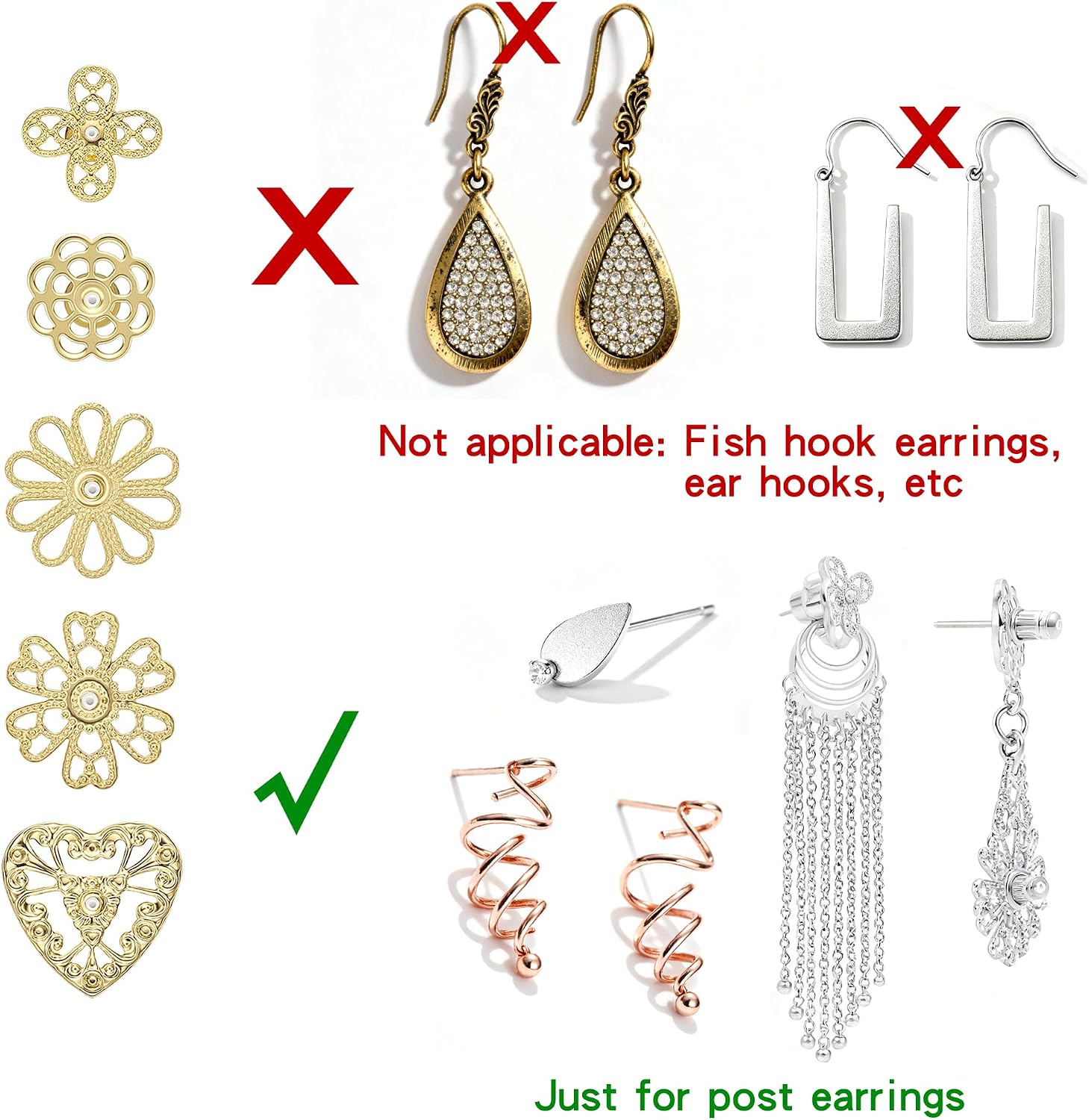 Heavy Duty Earring Supports for Droopy Ears - 5 Pairs Secure Locking Backs Anti-Drop Lifters for Heavy Earrings, 10-17mm Gold Plated Large Metal Earring Backs Replacement for Women/Men (Gold)