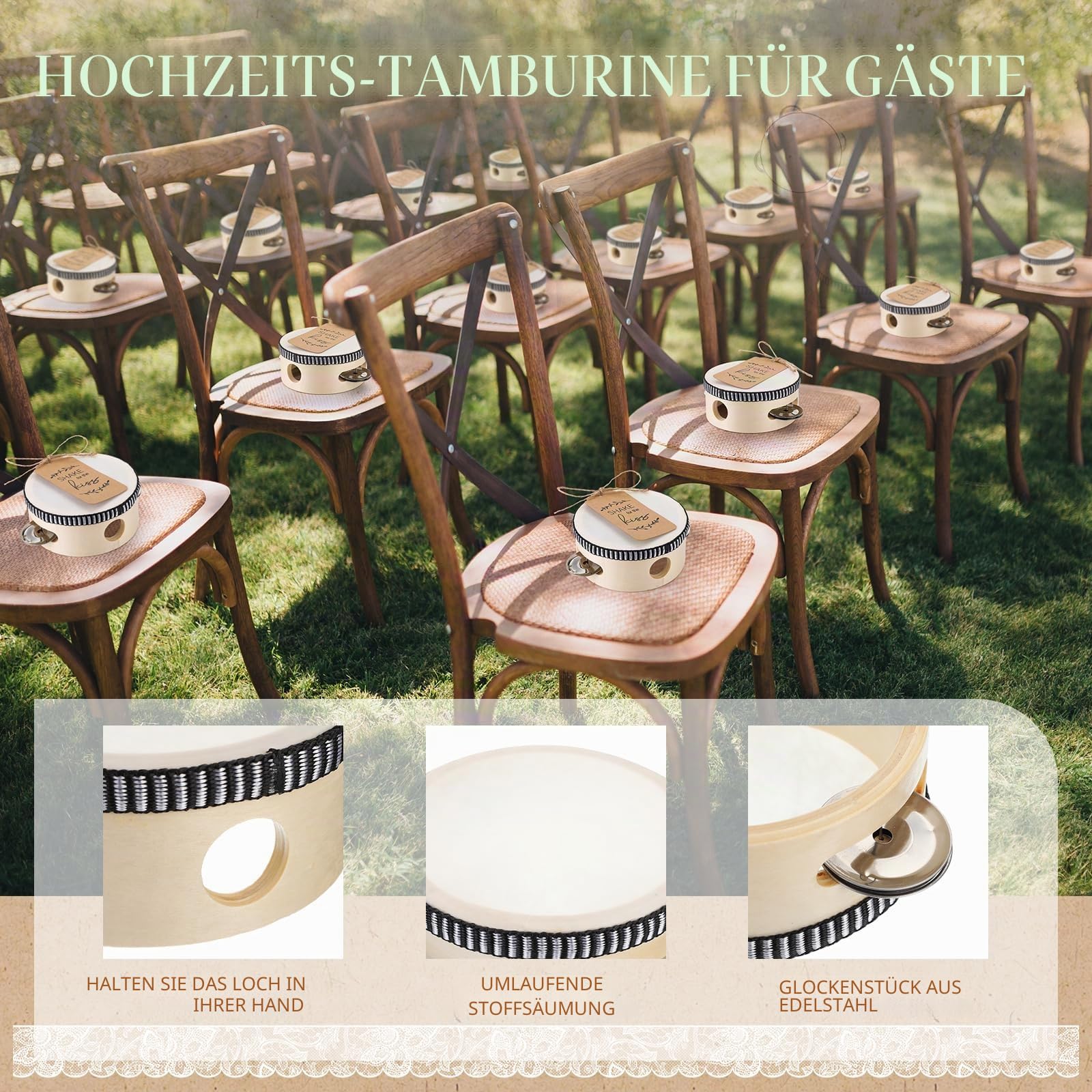 Boao 12 Sets 15,2 cm Hochzeits-Tamburine für Erwachsene, Holz, Handtrommel, Metallschellen mit Etiketten, Seil, Percussion, Musikinstrument für Kirche, Hochzeit, Party, Gastgeschenk