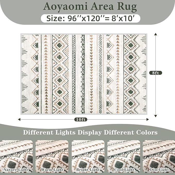 Alfombra 8x10 Boho Geométrica Antideslizante Lavable Marrón/Verde miniatura 2