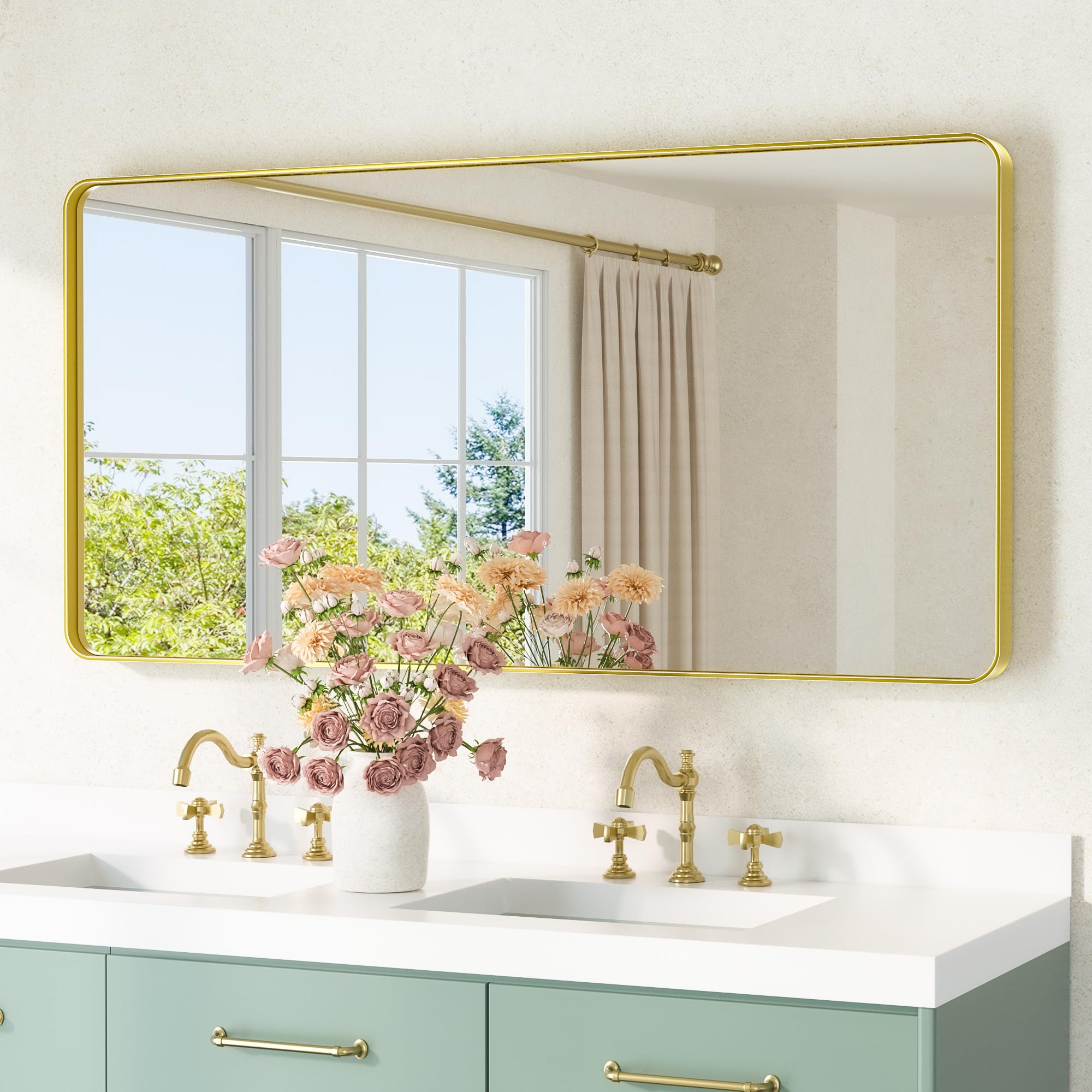 TETOTE Gold Mirror 48 x 24 Brushed Gold Metal Framed Bathroom Mirror, Tempered Glass, Modern Farmhouse Wall Mounted Mirror for Decorative(Horizontal/Vertical)