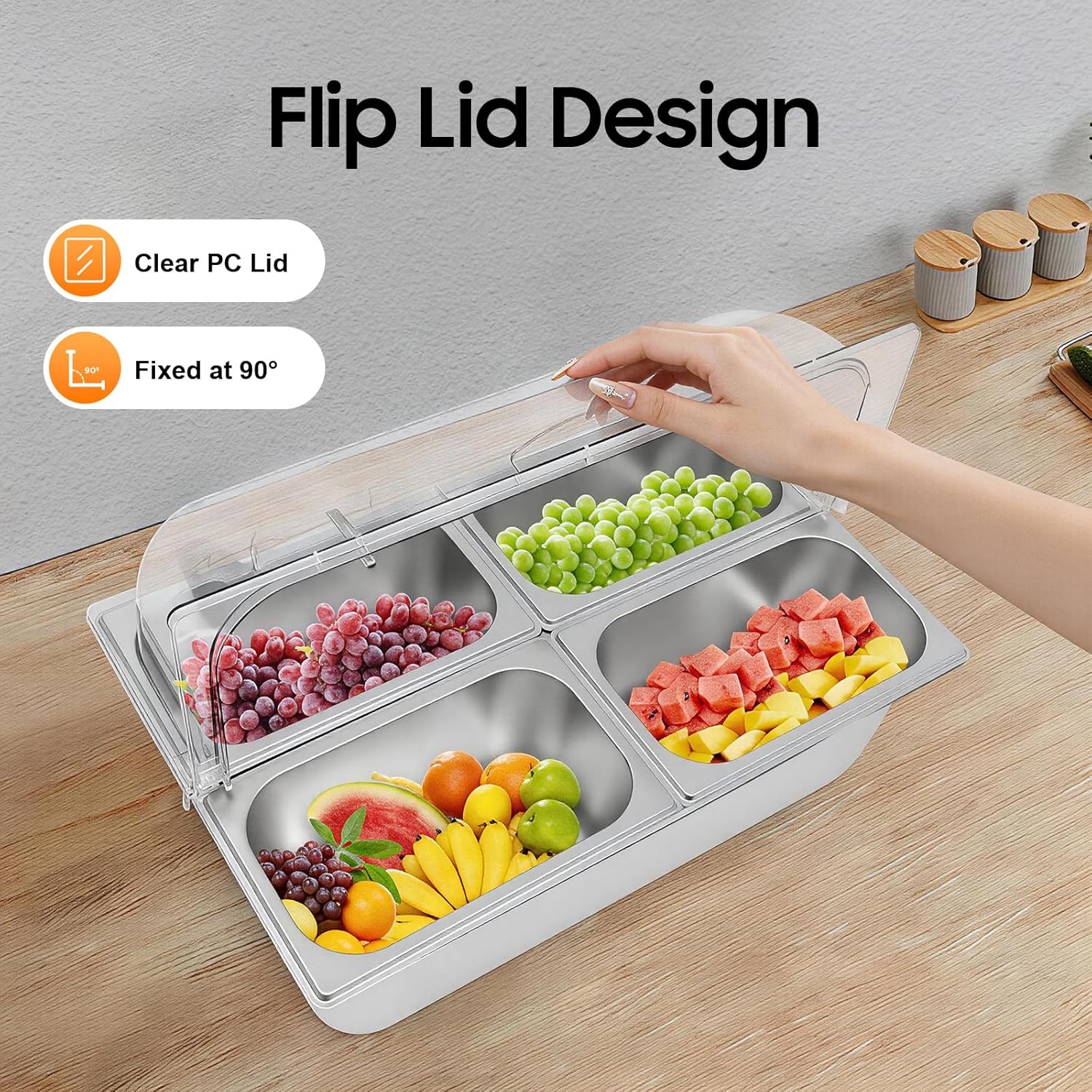 Countertop Food Serving Display Container, 4 Pan Stainless Steel Food Serving Container Ice Cooled Food Display w/Lid & Spoons & Clamps for Family Picnics Buffets Gatherings& Party