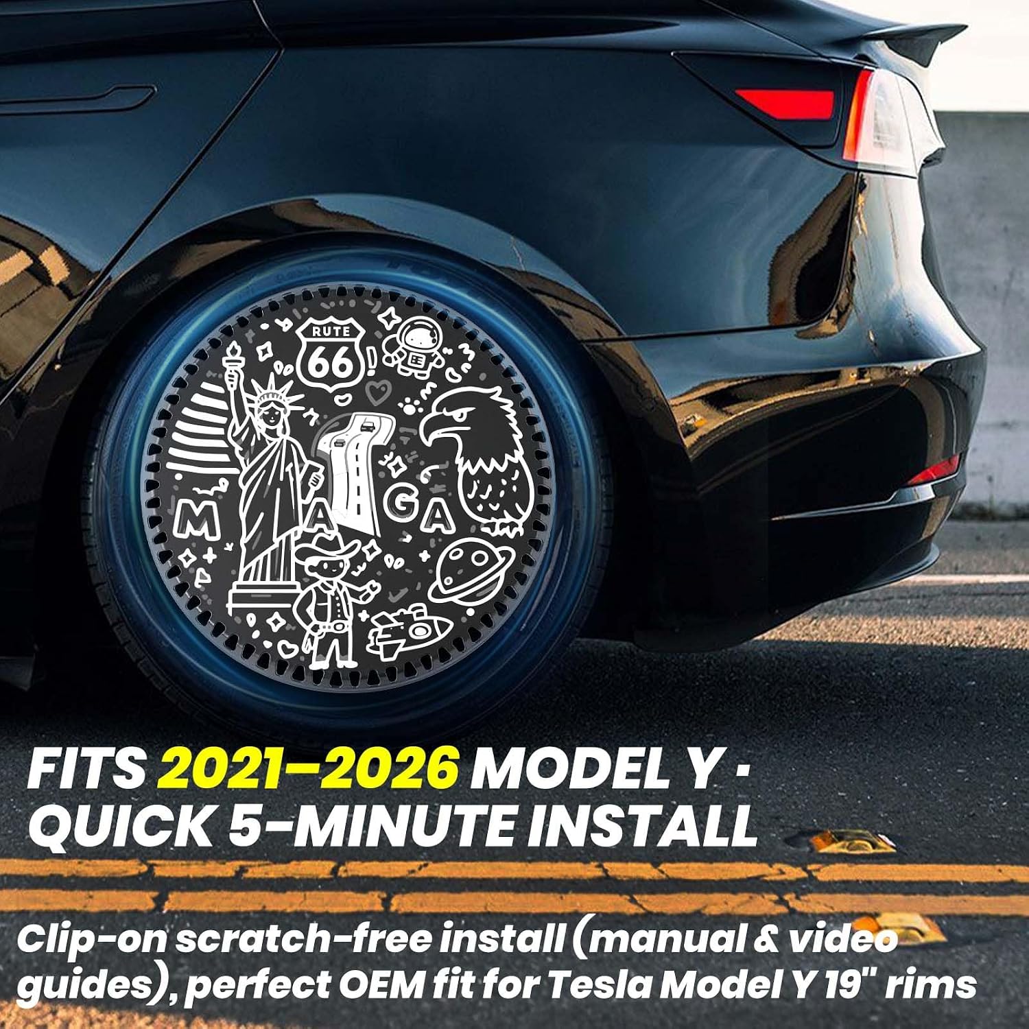 4PCS Wheel Cover 19 Inch for Tesla Model Y 2021 2022 2023 2024 2025 2026 Hubcaps Rim Protector Replacement ABS Material Aerodynamics Tesla Model Y Accessories (Graffiti)