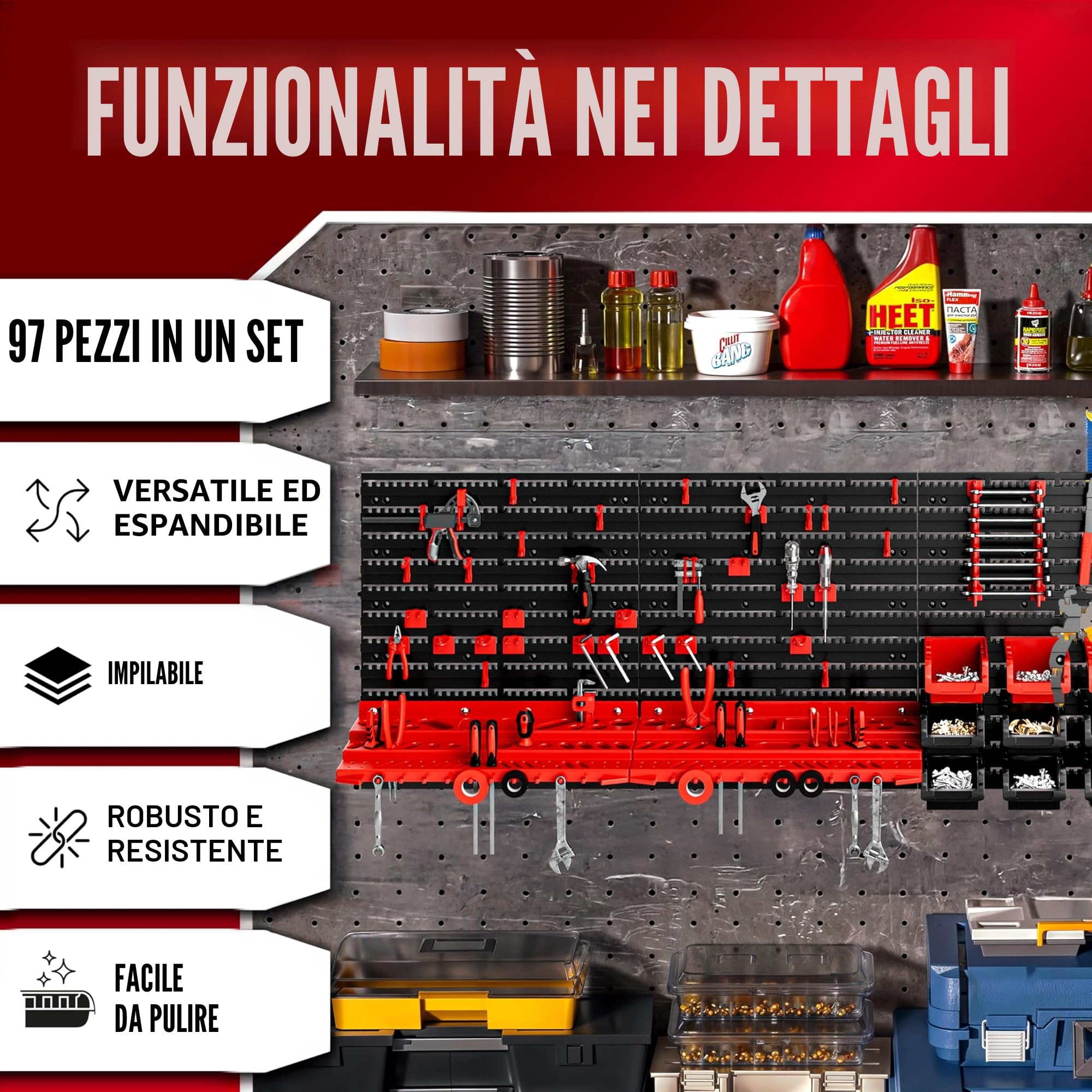DEUBA Pannello Portautensili 97 pz Box Impilabili Parete Attrezzata Officina Organizer