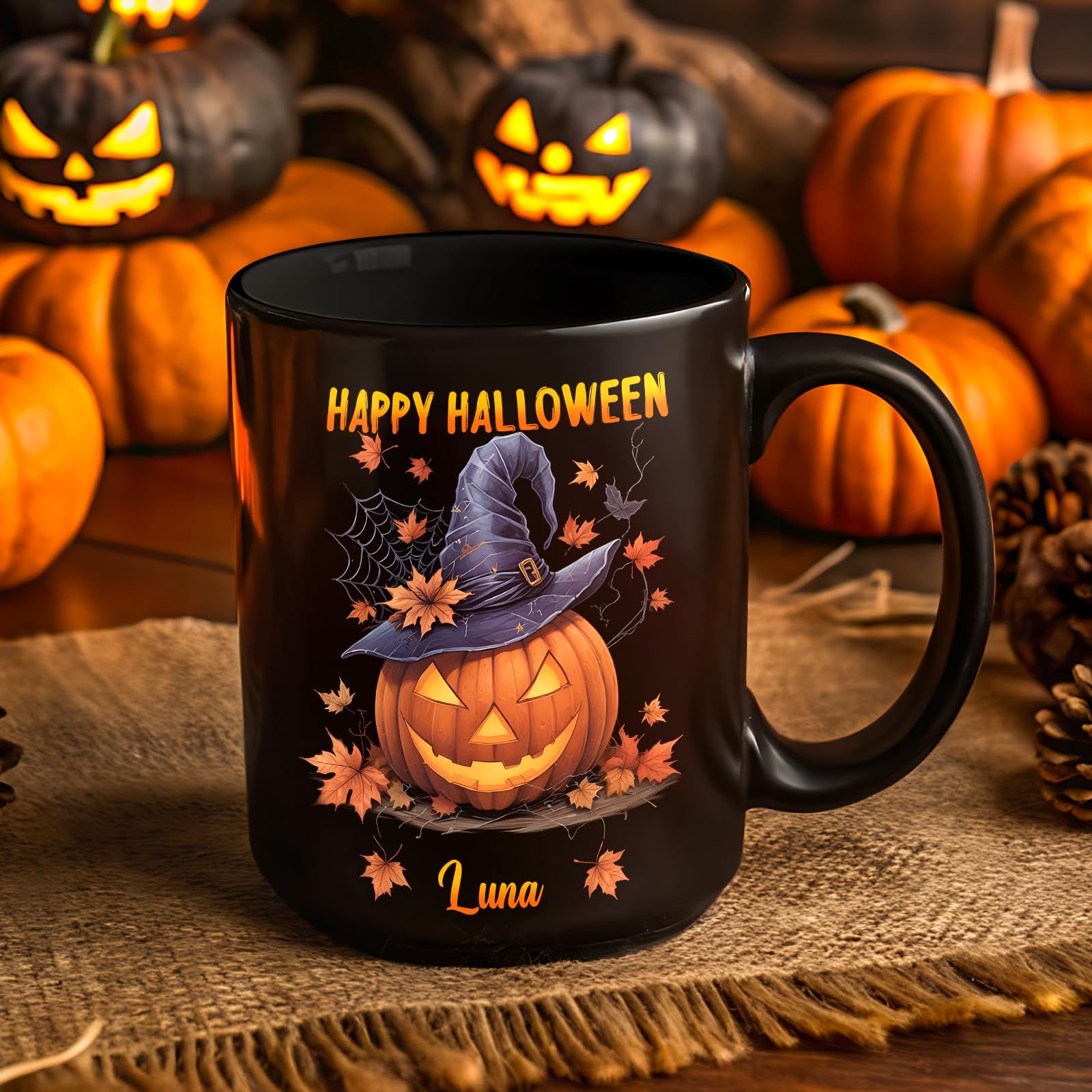Tasse Halloween Personnalisée Chat Noir - Céramique Haute Qualité, Nom Personnalisable - Cadeau Fan D'Halloween