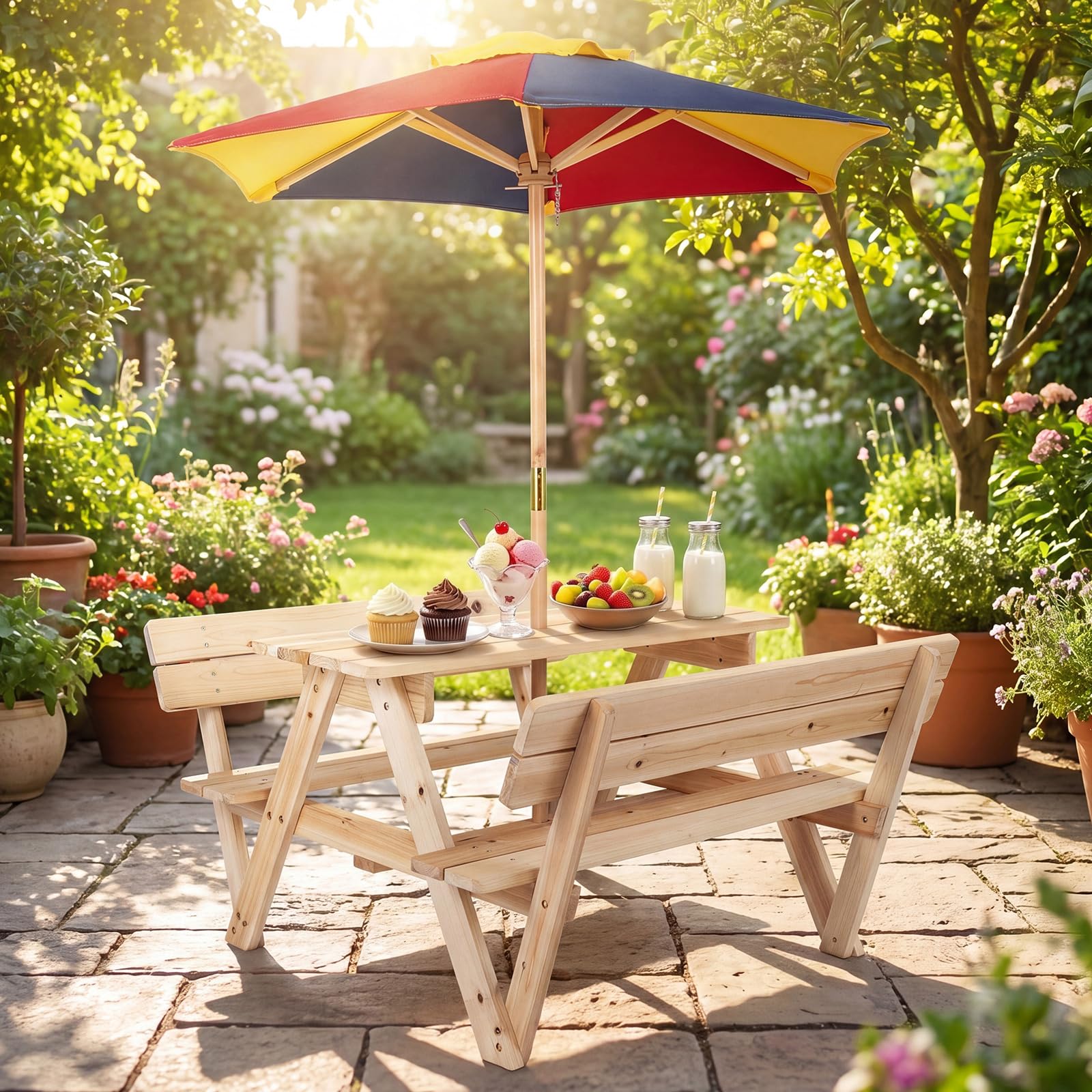 COSTWAY Kindersitzgruppe Outdoor mit Sonnenschirm, Picknicktisch Kinder mit Tisch & 2 Sitzbänken, Kindersitzgarnitur Garten für 4 Kinder, Sitzgruppe aus Tannenholz für Jungen & Mädchen ab 3 Jahren