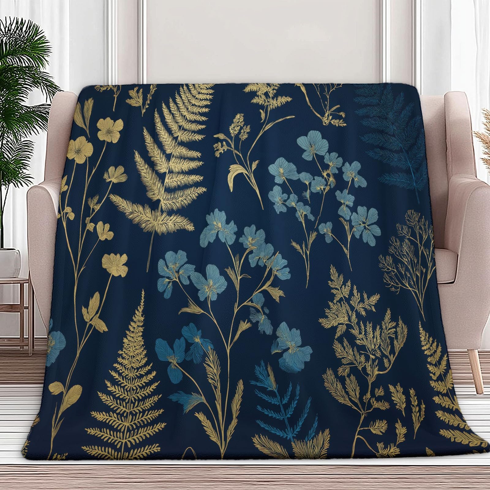 Coperta in flanella con fiori selvatici e felci, 150 x 200 cm, coperte in pile in microfibra pile per tutte le stagioni, per viaggi, divano per bambini, adulti, blu navy
