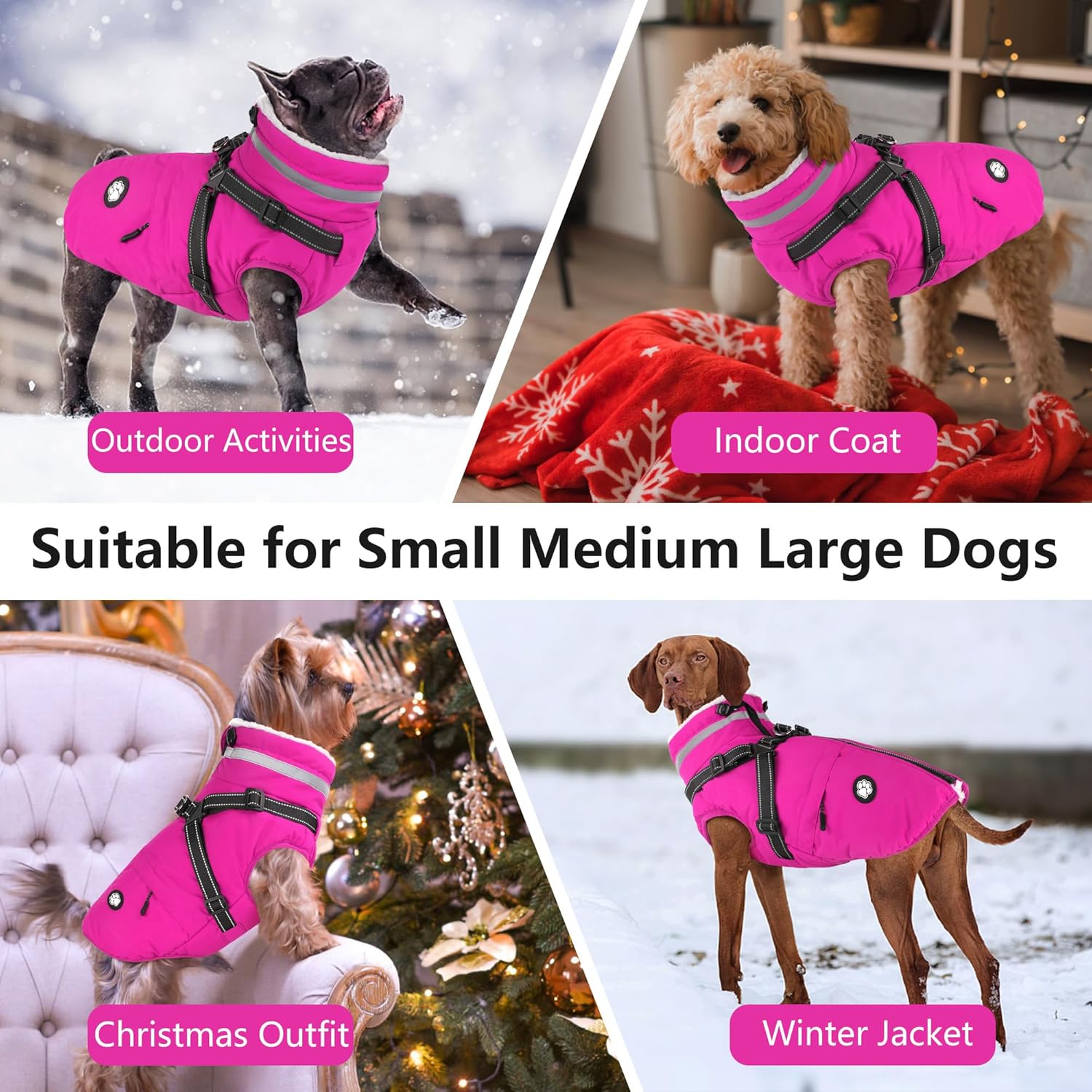 Dogcheer Dog Coat with Harness, Waterproof Dog Jacket Christmas Pet Winter Coat with Pockets, Reflective Doggy Turtleneck Fleece Jacket for Small Medium Large Dogs - Pink, XS - Image 7