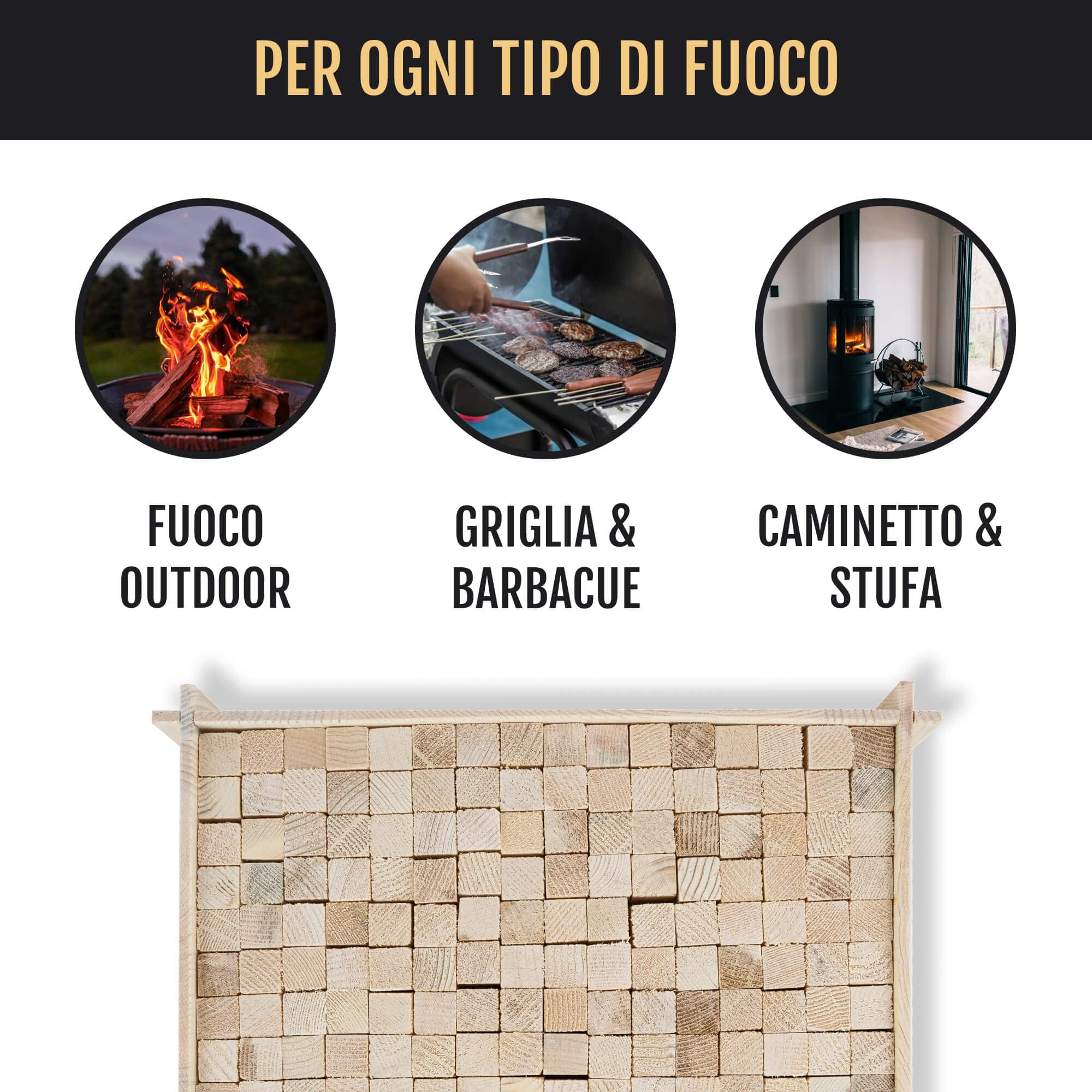 Delegn Legnetti Accendifuoco Eccellente Qualità Essicata di Abete-Larice per Stufa, Camino, Caminetto, BBQ, Forno, Confezionata in 6 Scatole di Legno 256 pezzi - 30 Kg Totale