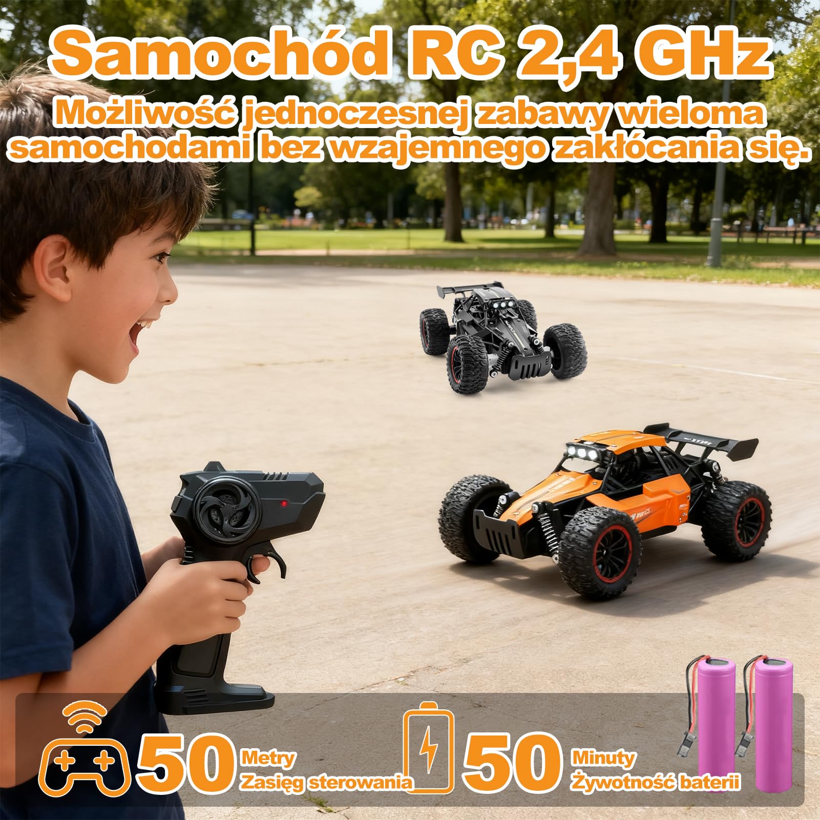 Jiakora Zdalnie sterowany samochód dla dzieci, 2,4 GHz Off-Road, samochód RC ze światłem LED, zdalnie sterowany monstertruck, samochód terenowy z 2 bateriami, samochód zabawkowy, prezent dla chłopców