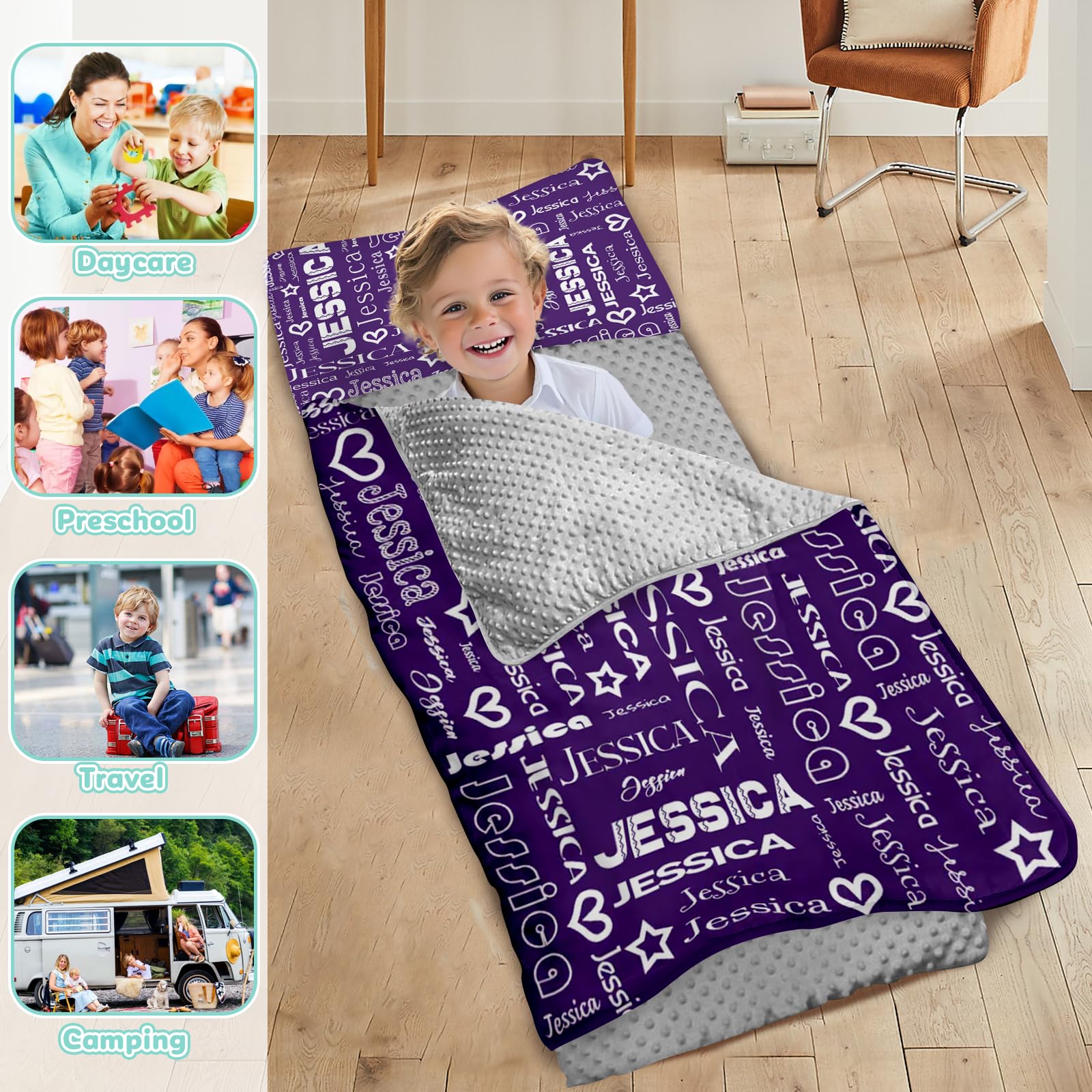 Personalized Toddler Nap Mat, Custom Name Kids Sleeping Bag, Daycare Nap Mat with Pillow and Blanket, Nap Mats for Preschool Kindergarten, Toddler Sleeping Bag Rolled Slumber Bags - Style 05