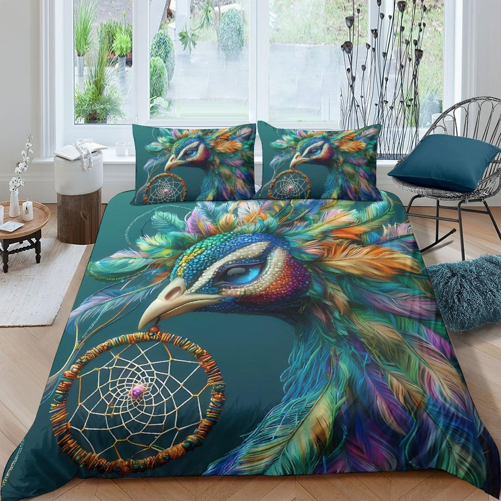 Ctjqhvkz Style-4 3D Printed Peacock Dreamcatcher Fitted Sheet Microfiber Bedroom Decor Bed Cover For Home Dorm Mattress Protection Single（135X200cm）