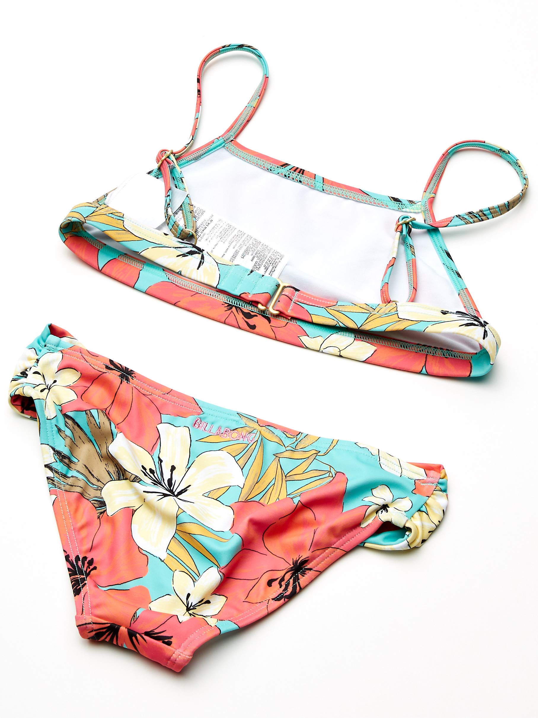 Hobie Girls' Halter Bandeau Bikini Top and Side Tie Hipster Bottom Set, red//Bloomy Daze, 7