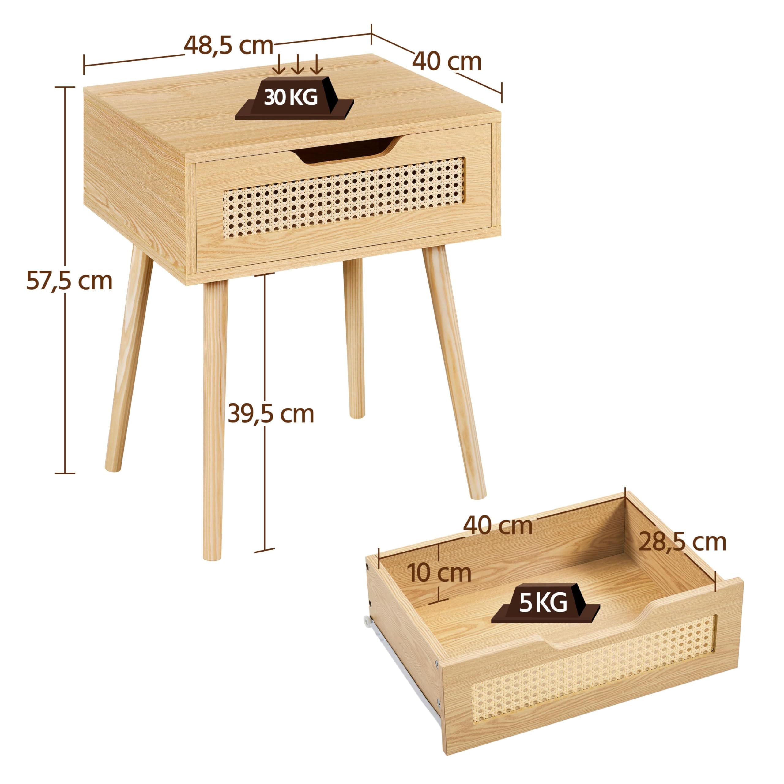 Yaheetech Nachttisch 2er Set mit Schublade Beistelltisch Rattan Nachtkommode Holzbeine Nachtschrank Sofatisch Boxspringbett Nachtkommode 48,5 cm L × 41 cm B × 57,5 cm H, Hellbraun
