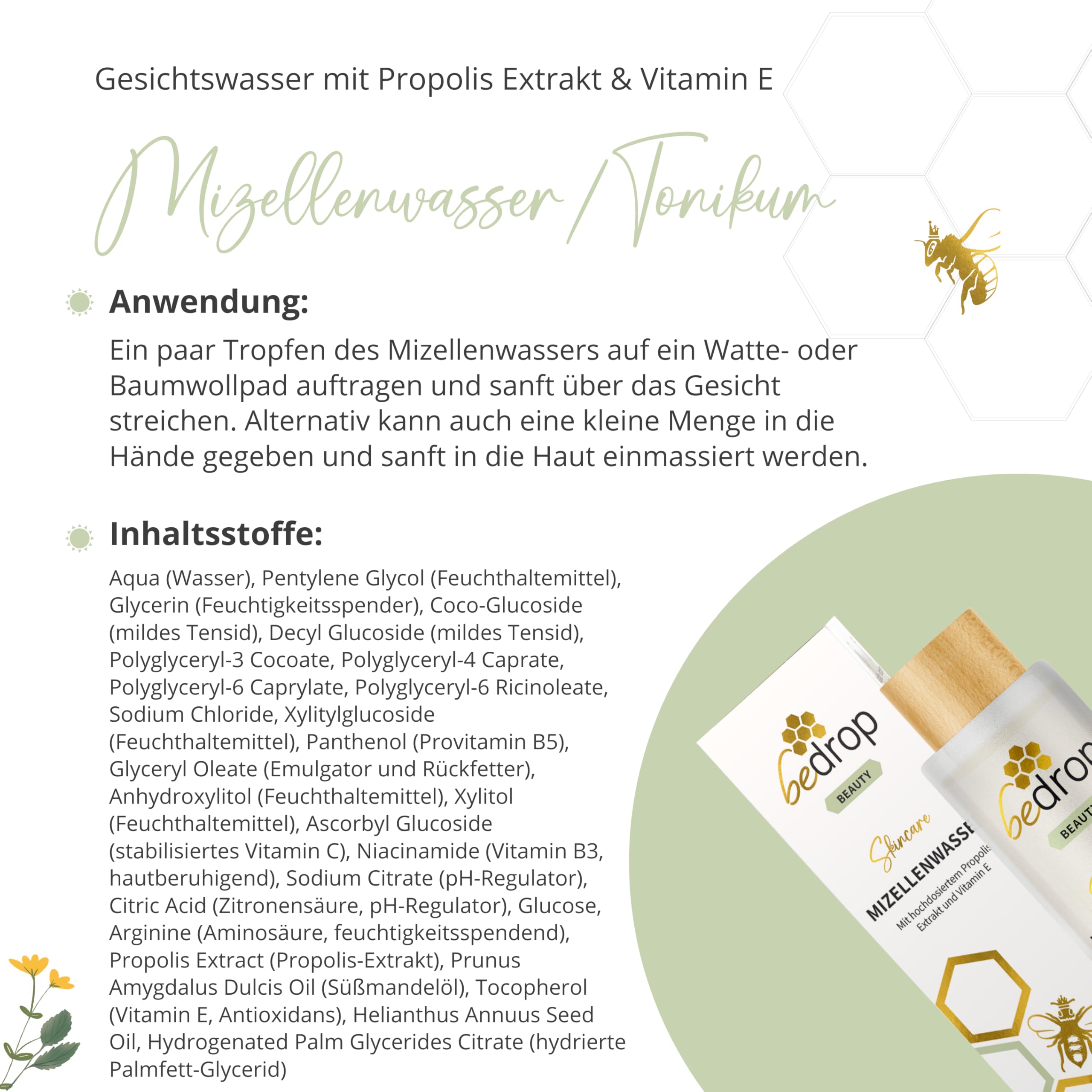 bedrop Mizellenwasser Tonikum Gesichtswasser mit Propolis Extrakt & Vitamin E gegen unreine Haut & Verfeinerung des Hautbildes, Gesichtsreinigung für jeden Hauttyp - (3x 150ml Sparset)