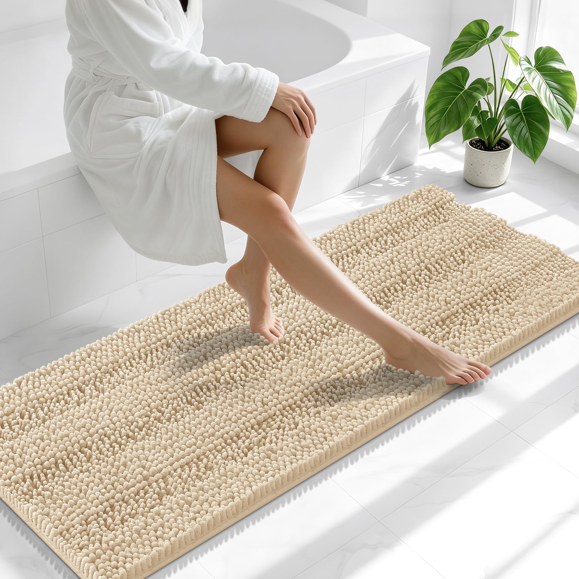 Smiry Thick Chenille Bathroom Runner Rugs 59x20, Absorbent Bath Mat, Beige