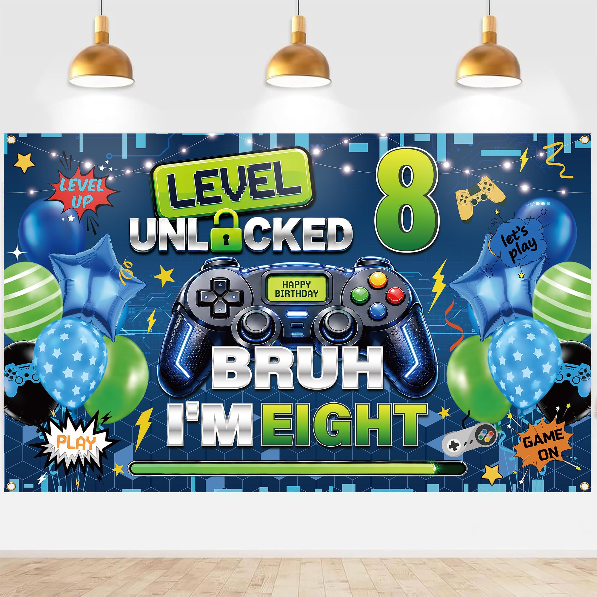 Gaming 8th Birthday Decorations Banner - 180 x 110 cm Blue Backdrop Boys — image 1