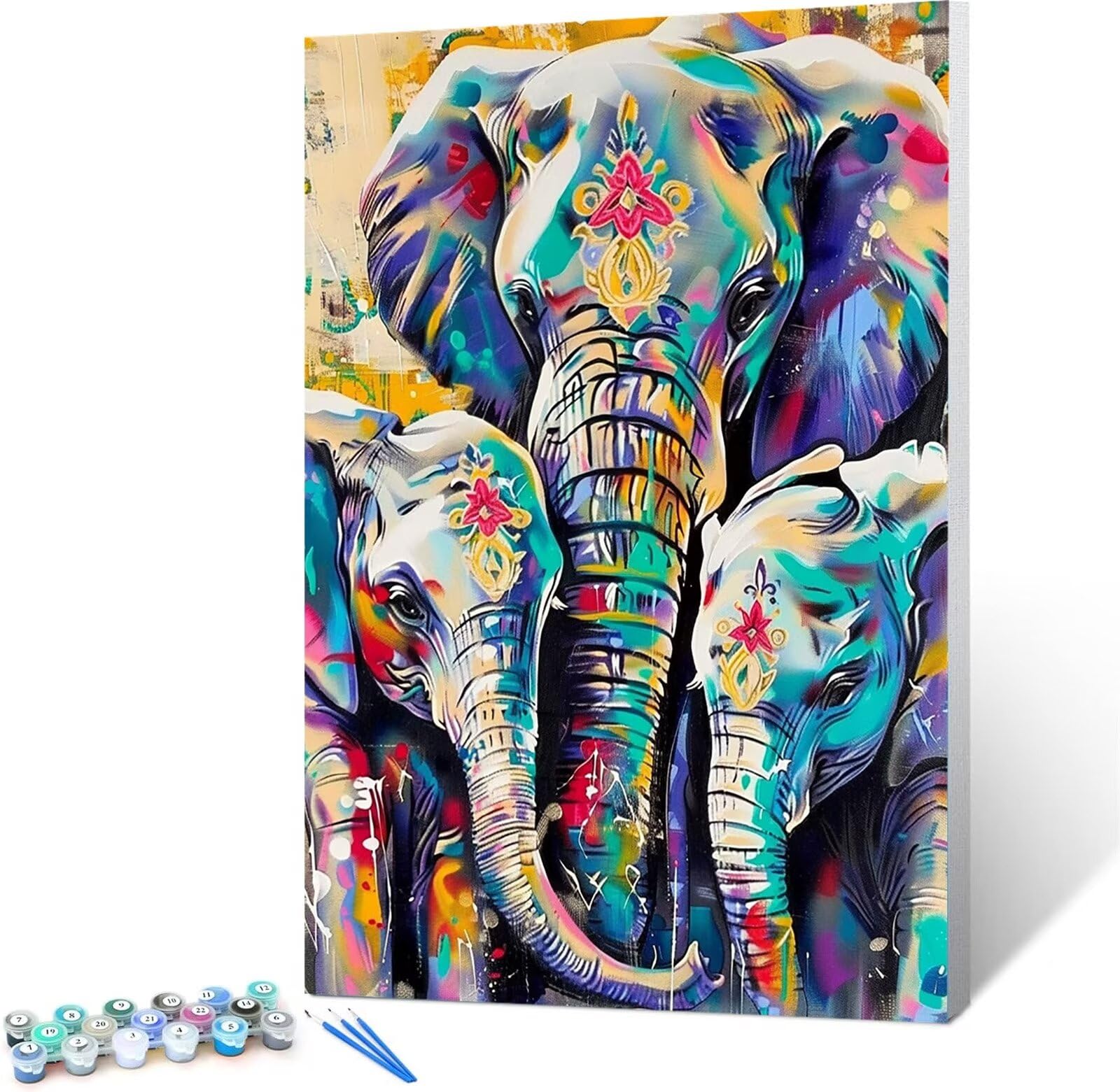 Malen Nach Zahlen Erwachsene Elefanten - AnfäNger - Knitterfreie Leinwand, Pinsels Und Acrylfarbe - Diy Handgemalt öLgemäLde Kit Als Geschenk Familie 60x80cm (mit Rahmen)