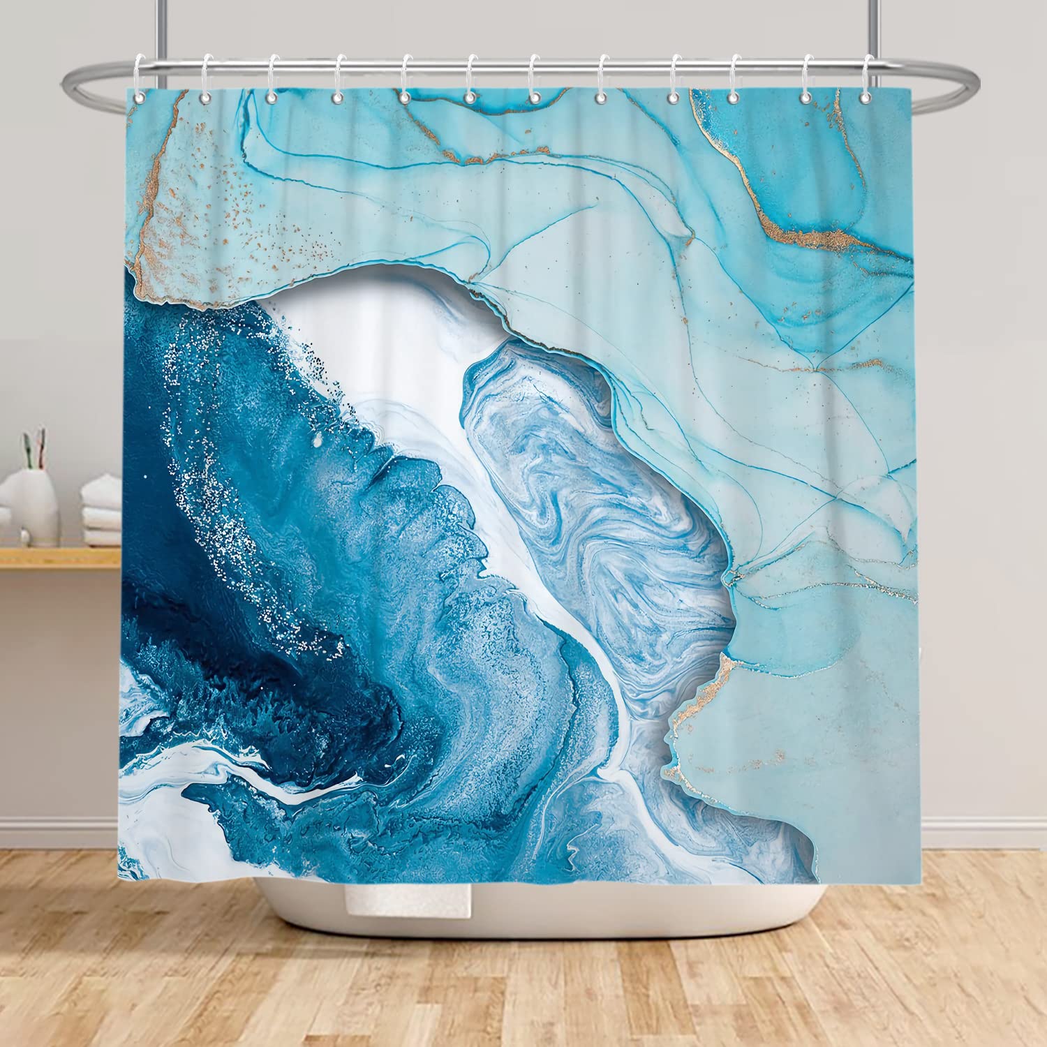 Bovlleetd 72x74inch Blue Marble Shower Curtain Blue Seawater Gold Dots Bathroom Curtain Waterproof Bathtub Curtain for Bath Decor โ image 1