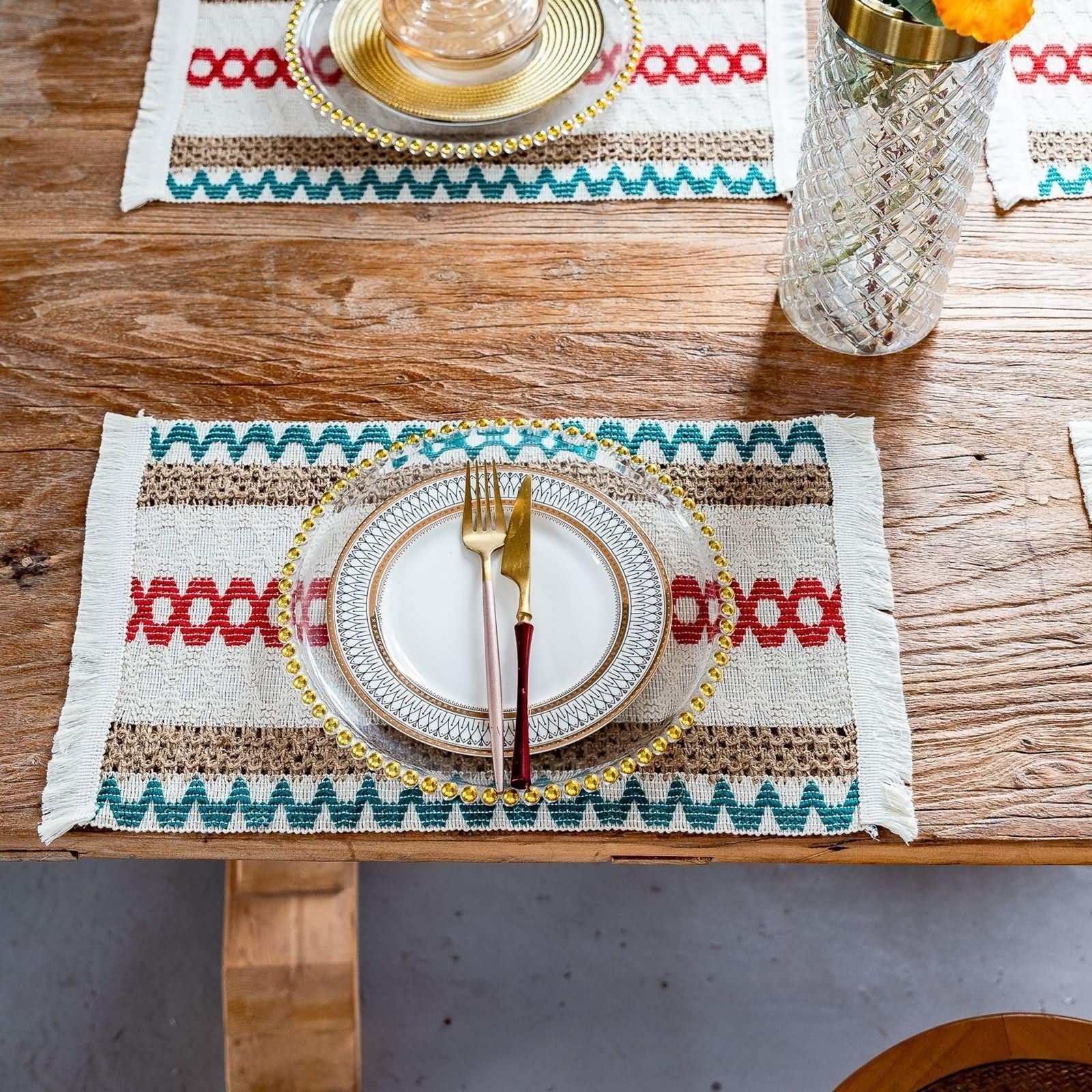 Tischset Vintage 4er Set, Platzsets Landhausstil 30x50cm Geometrisches Streifenmuster mit Quasten Baumwolle Leinen Blau Rot