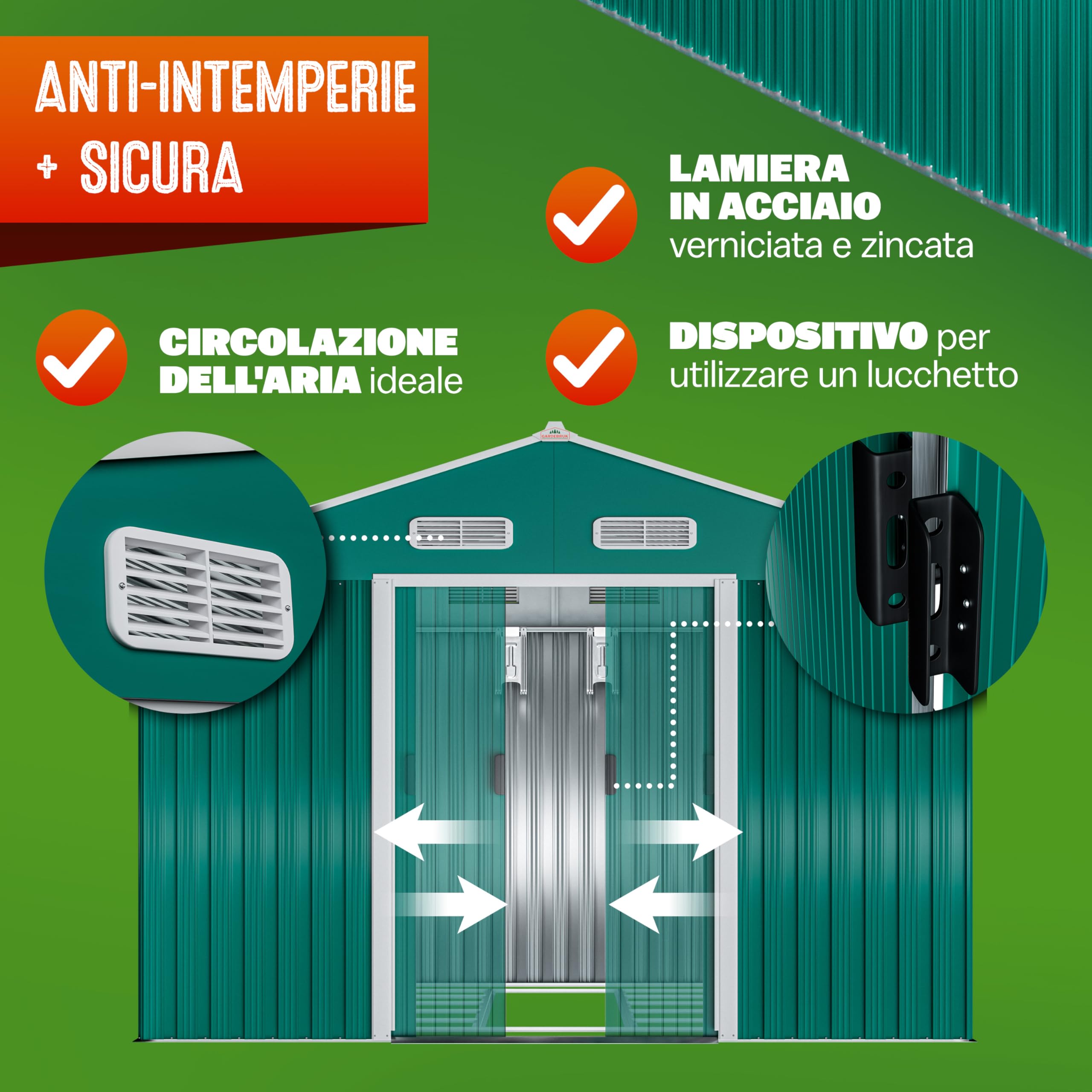 GARDEBRUK® Casetta per Attrezzi da Giardino XXXL in Metallo 8m² con Base 312x257x178cm Porta Scorrevole Capanno Verde con Tetto Prese d´Aria Capannone Rimessa da Esterno 15m³