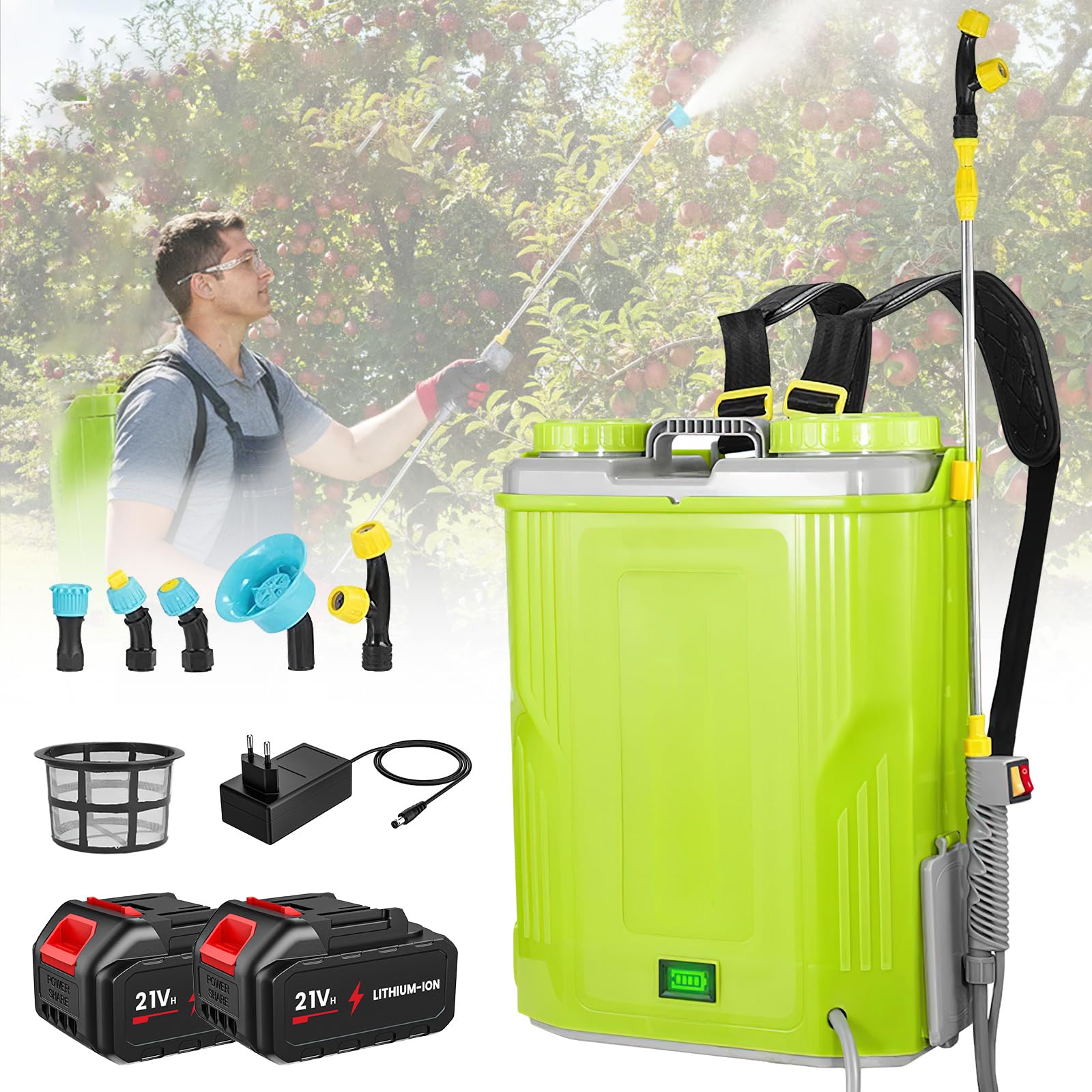 Pulverisateur Electrique 20L,5.5 Bars Pulverisateur Jardin,21V Batteries,5 Buses Pulverisateur a Pression,Force Pulverisation Reglable,Lance Télescopique pour Traitement Cultures,Plantes (2 Batterie)