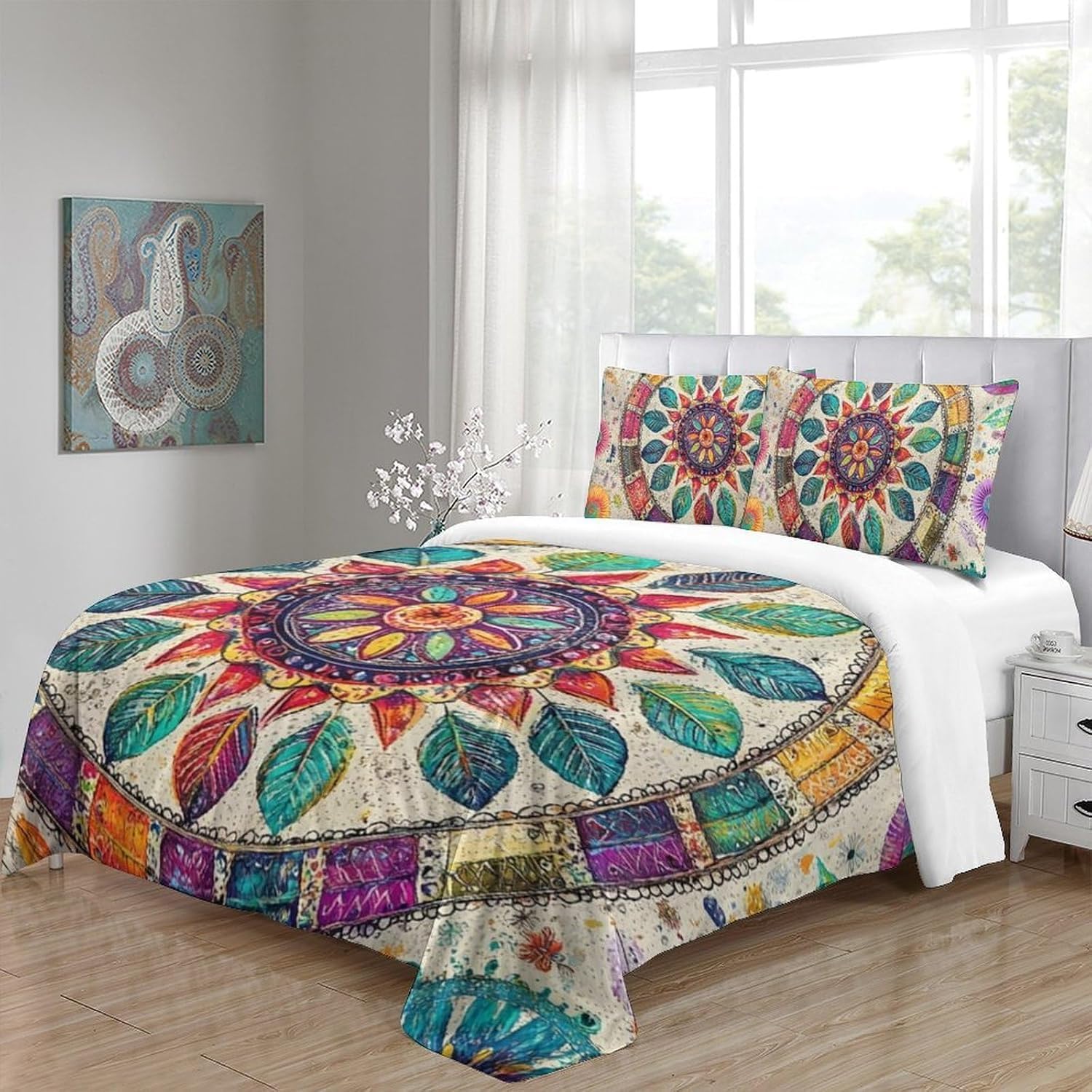 Funda Nordica Cama 135/150 Diseño de Mandala Ropa de Cama 3D Estilo Bohemio 3 Piezas Suave Transpirable Microfibra Funda Nórdica 240x220 cm y 2 Fundas de Almohada 50x75 cm C.2768