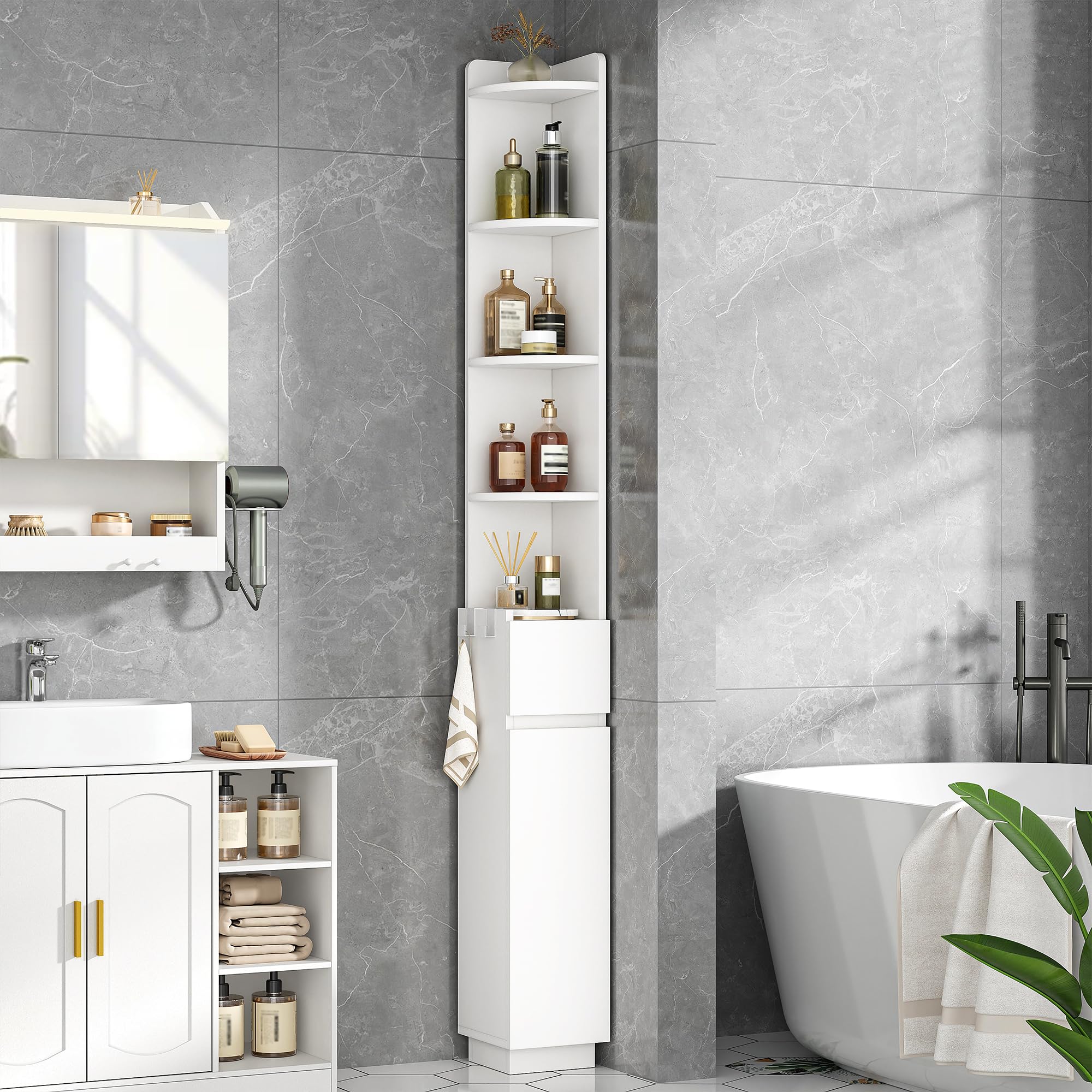 HEXCELEN Badezimmerschrank, Toilettenschrank, 20 x 20 x 185,6 cm Weiß