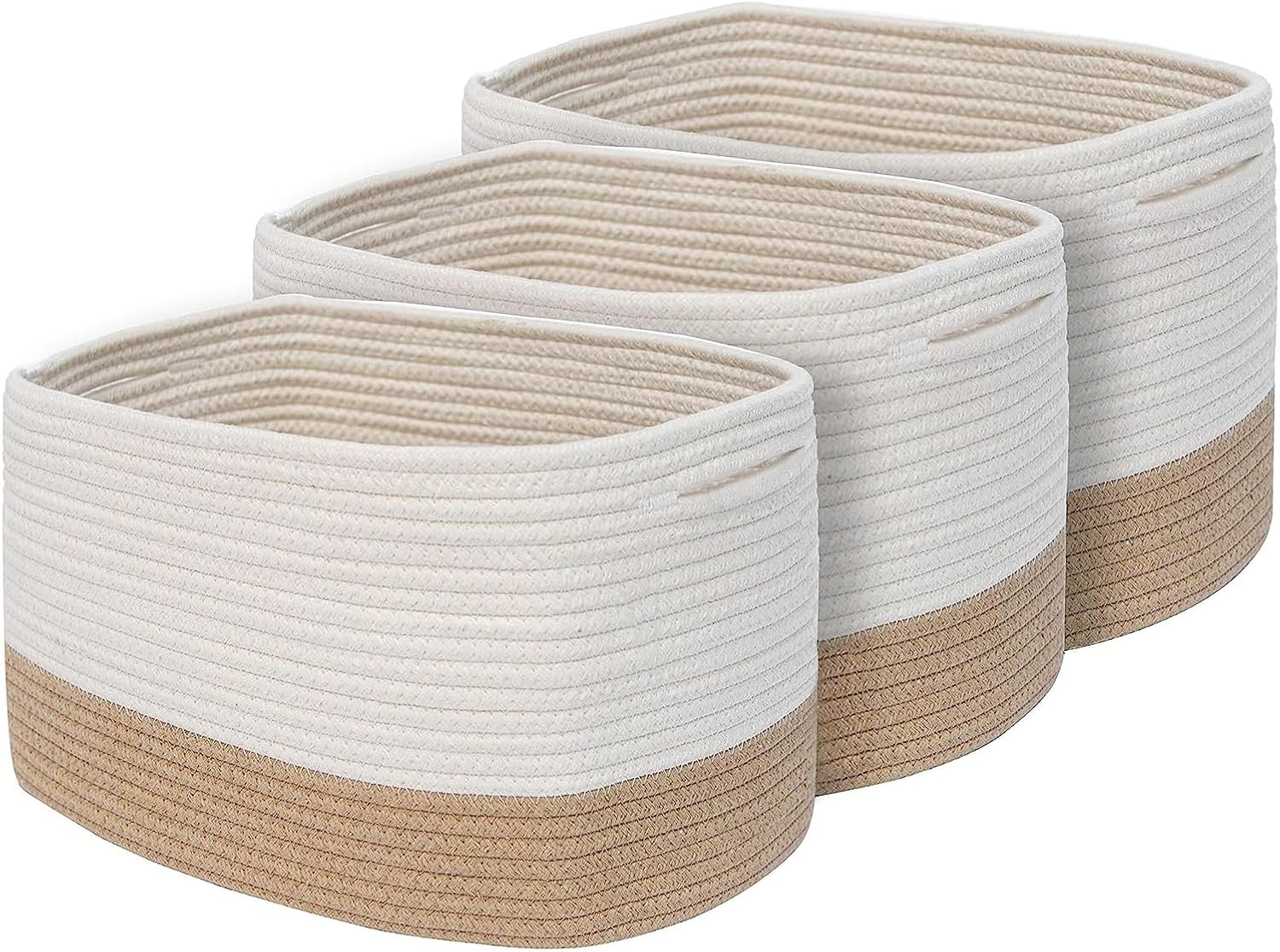 3Pack Cotton Rope Cube Shelf Storage White & Khaki Baskets for