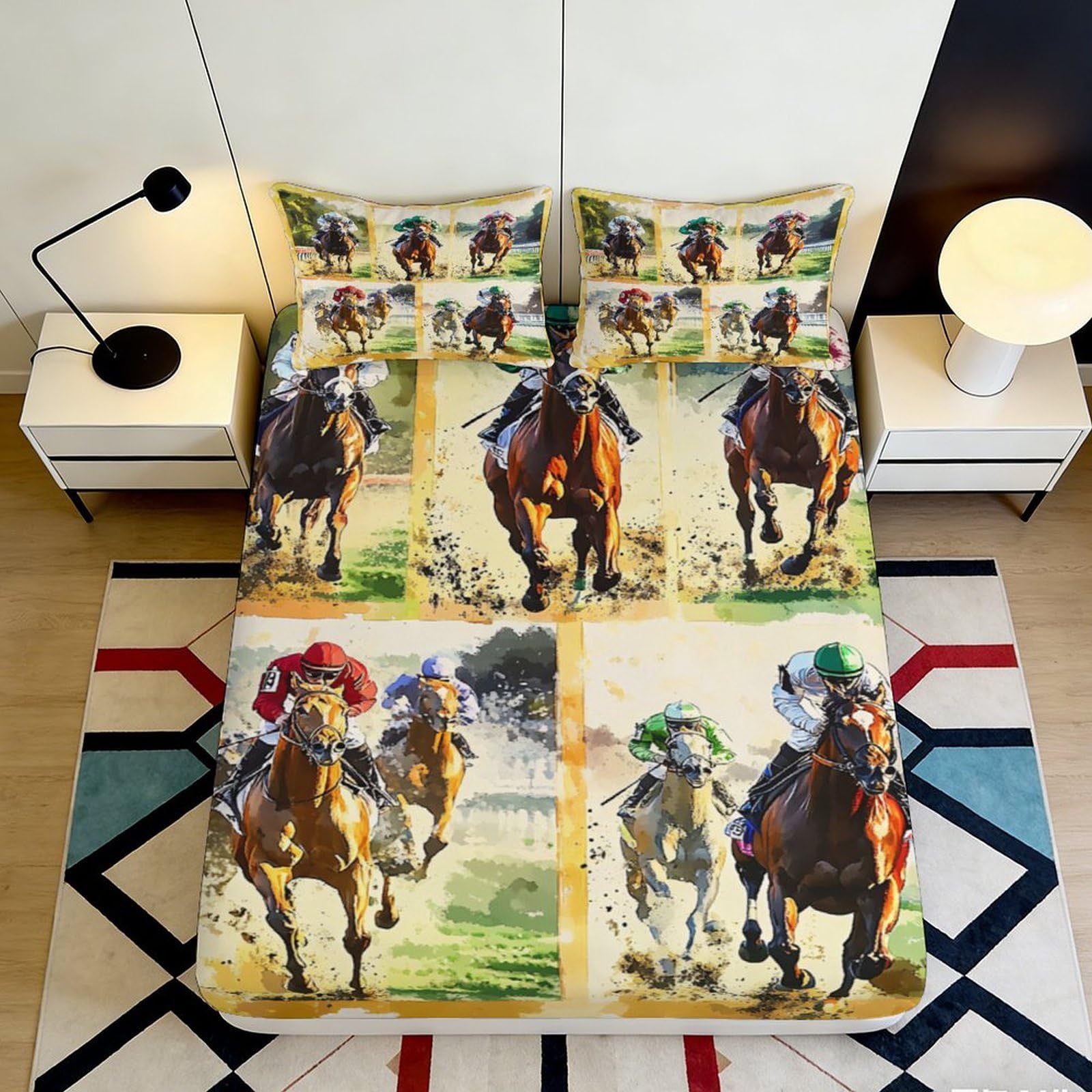 3D Printed Horse Racing Fitted Sheet Microfiber Soft Durable Wild Stallion Bed Cover for Bedroom Dorm Guest Room Decor 90x200x25cm
