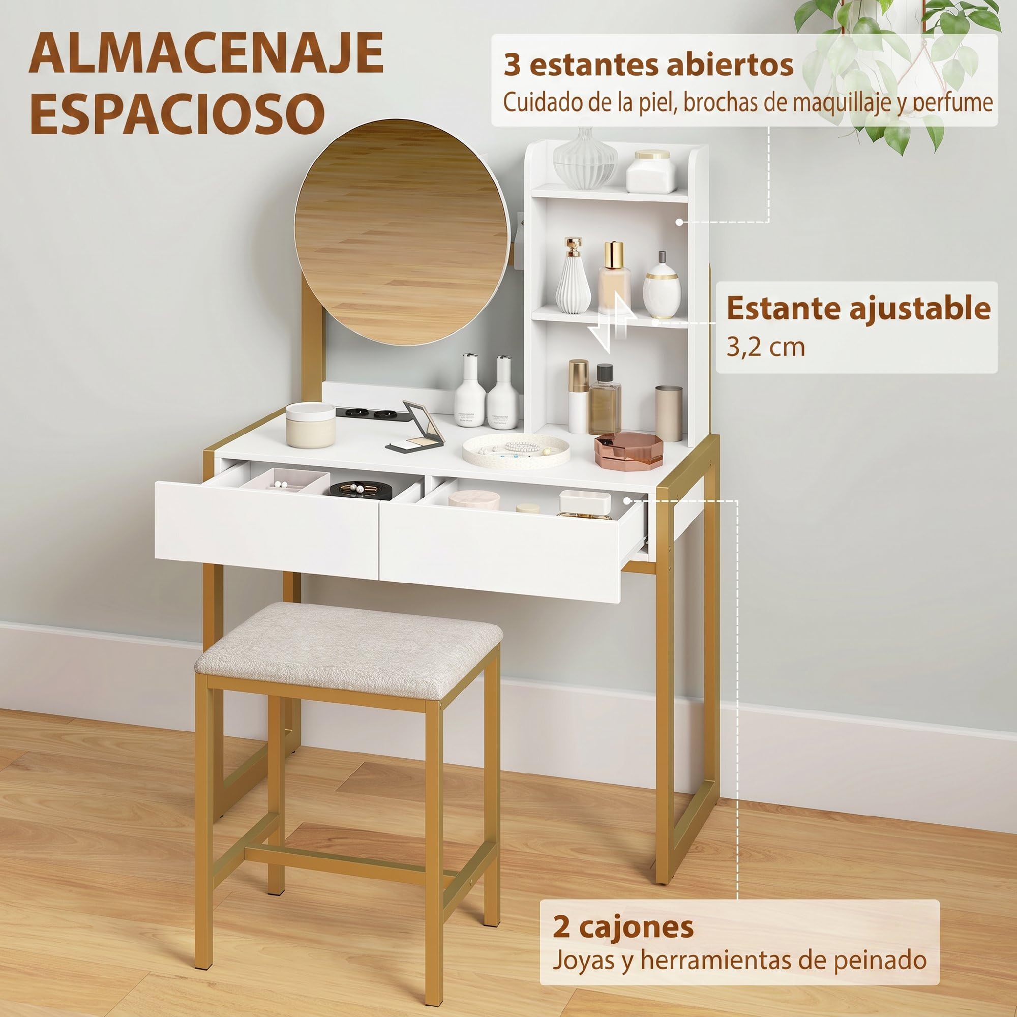HOMCOM Tocador de Maquillaje con Espejo y Taburete Acolchado, Tocador con Estación de Carga, 2 Cajones, 3 Estantes Abiertos, Puerto USB, Estructura Metálica, para Dormitorio, Blanco