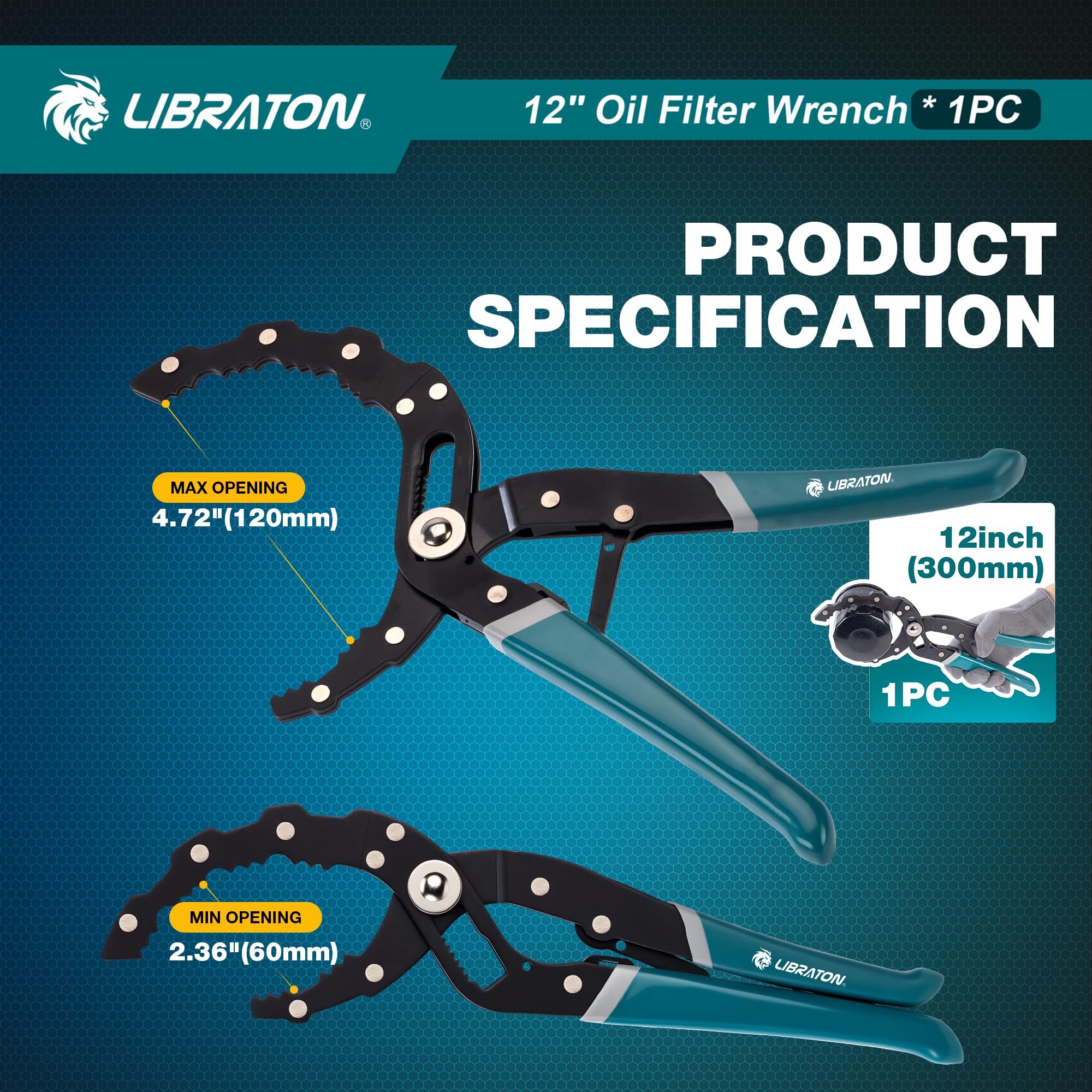 LIBRATON Llave para Filtro de Aceite de 300mm, Alicates Ajustables para Filtros de Aceite (Apertura 60-120mm), Herramienta para Quitar Filtro de Aceite, Uso con Una Mano, para Coches, Motos, Camiones