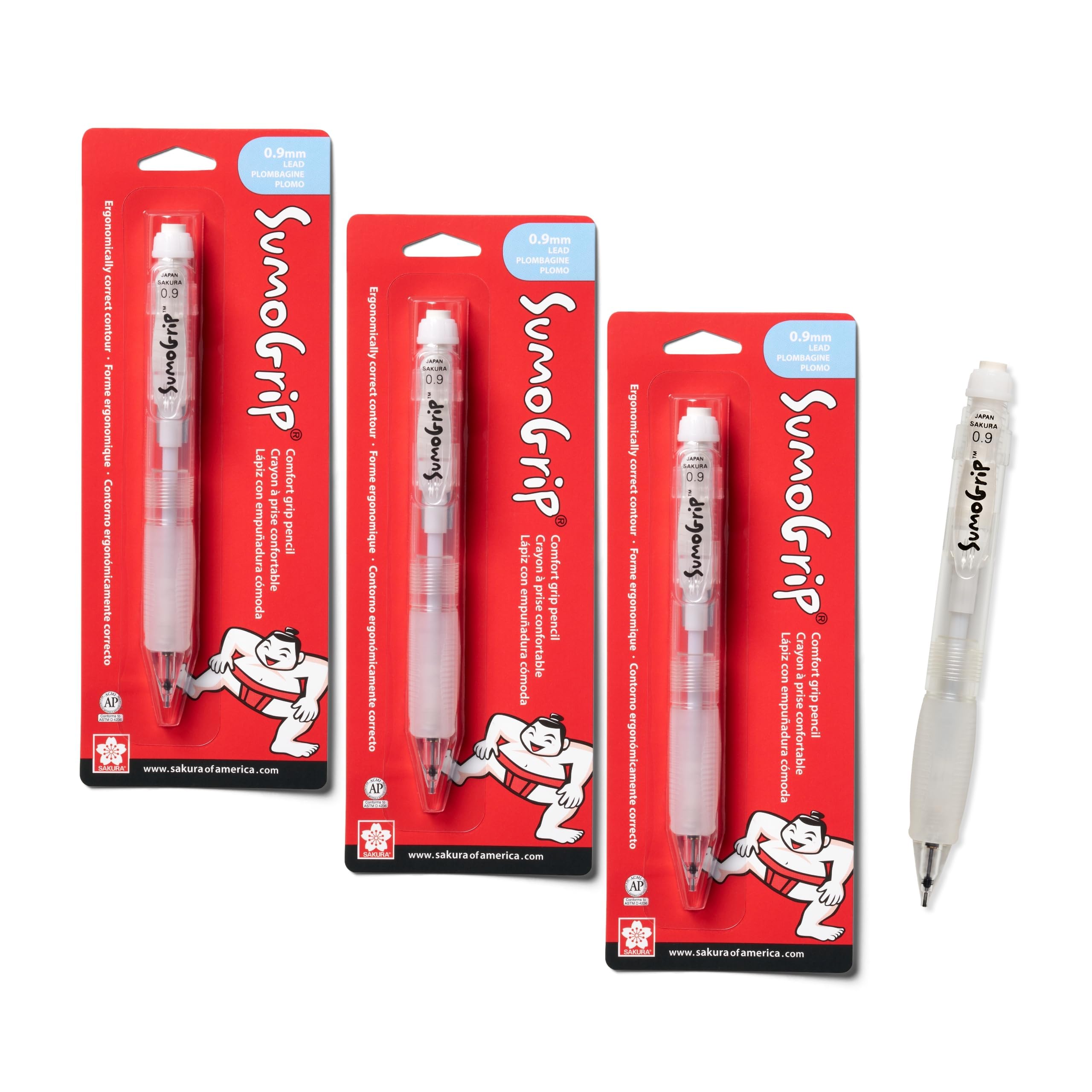 SAKURA SumoGrip Pencil with Comfort Grip - 0.9 mm Ergonomic Mechanical Pencil - Clear - 3 Pack