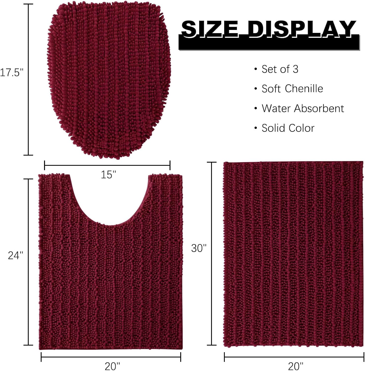 Arotive Luxury Chenille Bathroom Rugs 3 Piece with Toilet Lid Cover, Shaggy Soft and Absorbent Bath Rug, Non-Slip, Machine Washable Bath Mats for Bathroom（30x20+24x20+17.5x15, Burgundy