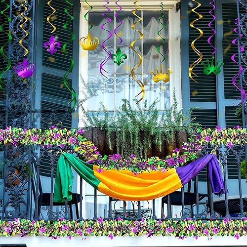 Miniatura 8 de Guirnalda de oropel Mardi Gras de 39.4 pies, 2 estilos dorados, morados, verdes, metálicos, oropel Garlan Mardi Gras, borla brillante para