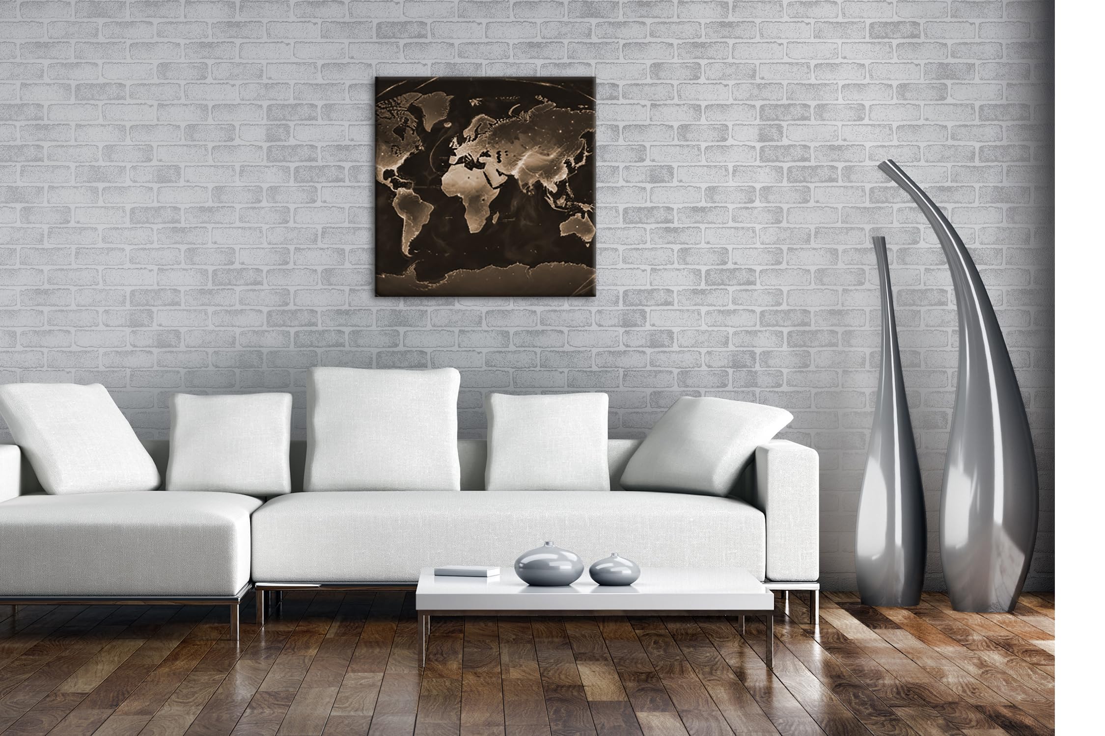 Mapamundi luminoso en la oscuridad, los continentes brillan como venas brillantes de la tierra. Formato: 70 x 70 cm. Efecto: sepia como lienzo, diseño enmarcado en marco de madera auténtica, impresión