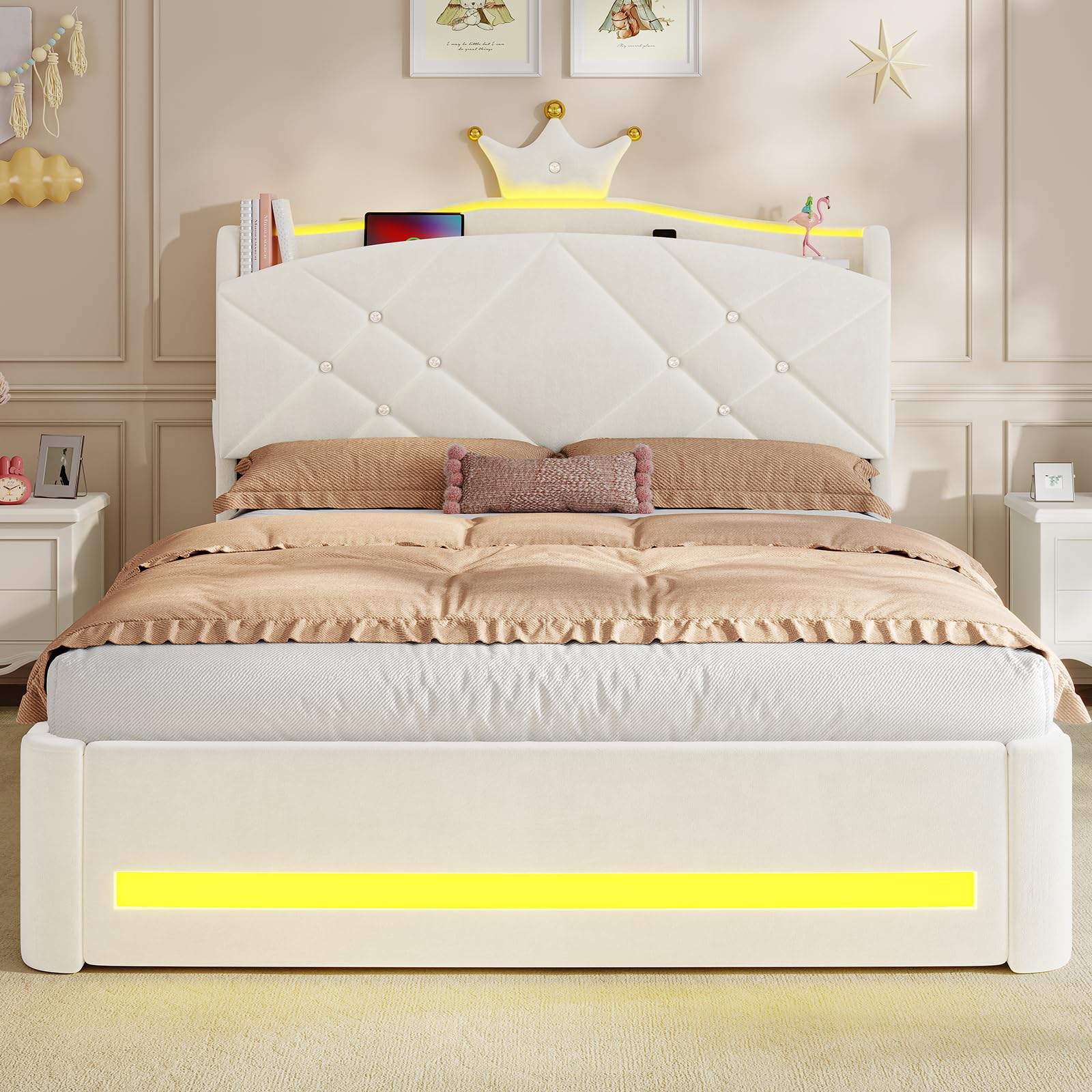 AOGLLATI Cama Juvenil 140x190cm, Cama Princesa, Camas Matrimoniales, Bianco | 2 Cajones de Almacenaje, Iluminación LED, Estación de Carga, Cabecero Tapizado, Bordes Redondeados, Modo música, Terciopelo