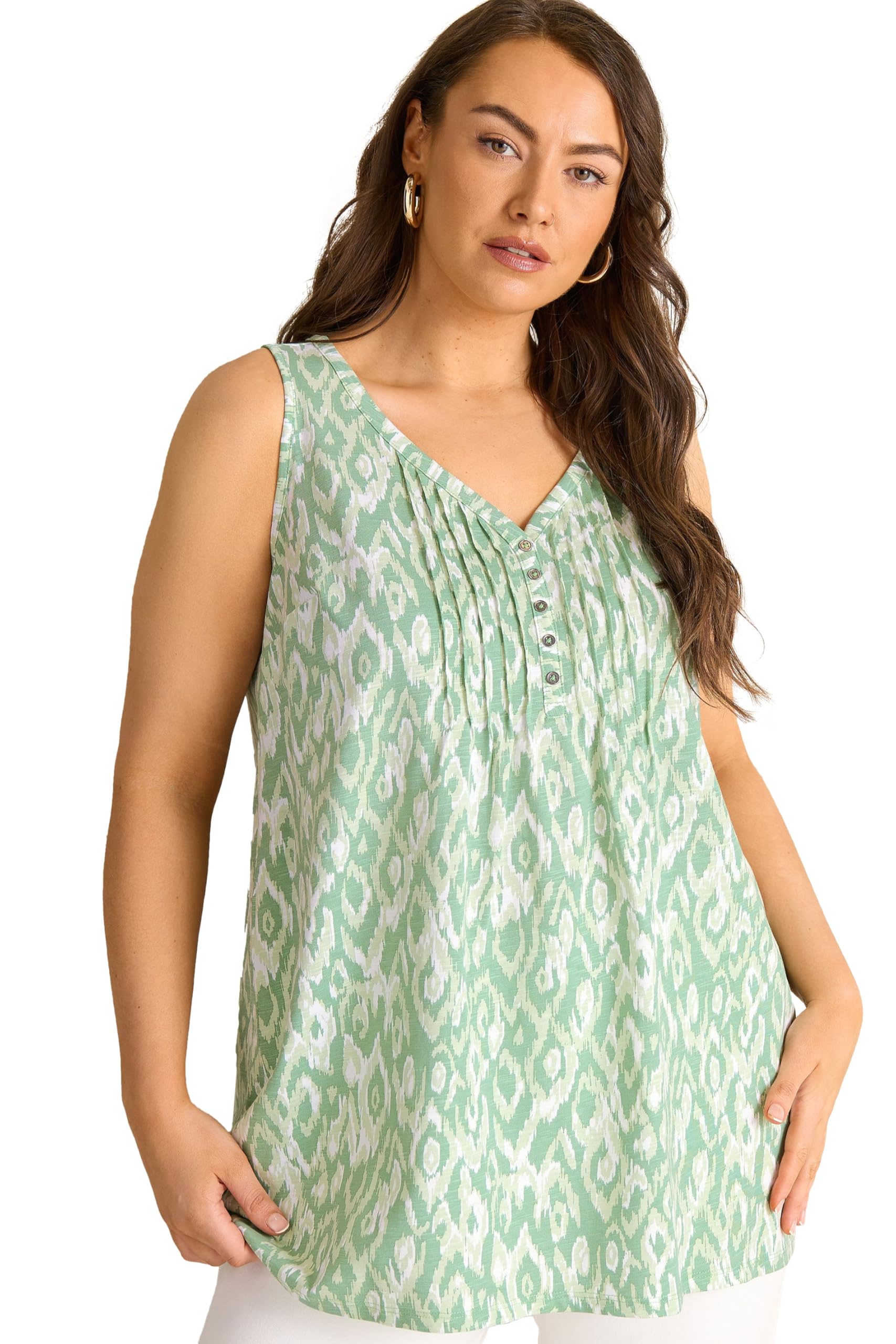 Evans Women's Light Green Curve Green Ikat Print Sleeveless Henley Top - Plus Size Curve