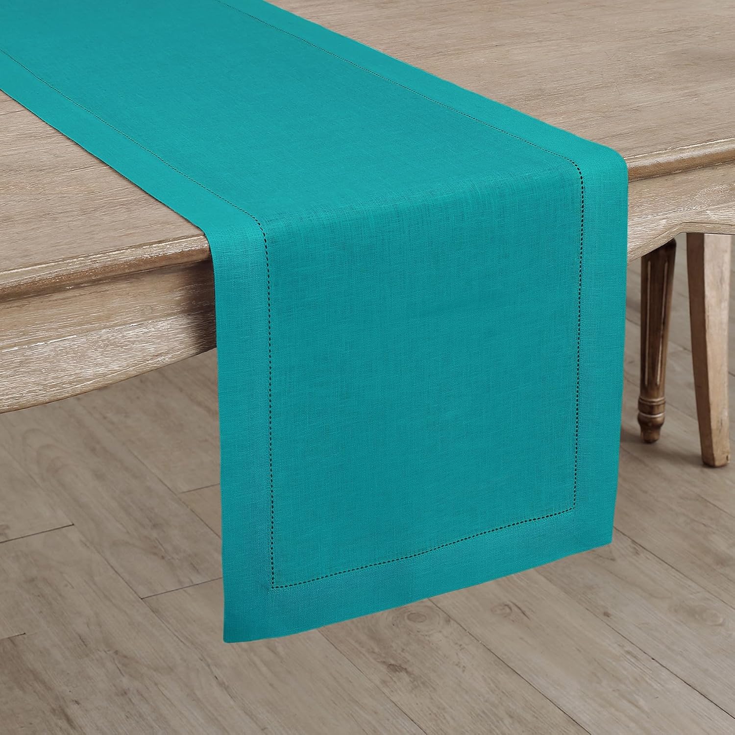 Solino Home Linen Hemstitch Table Runner 90 Inches Long - 100% Pure Linen Teal Table Runner 14 x 90 Inch for Mothers Day - Classic Hemstitch