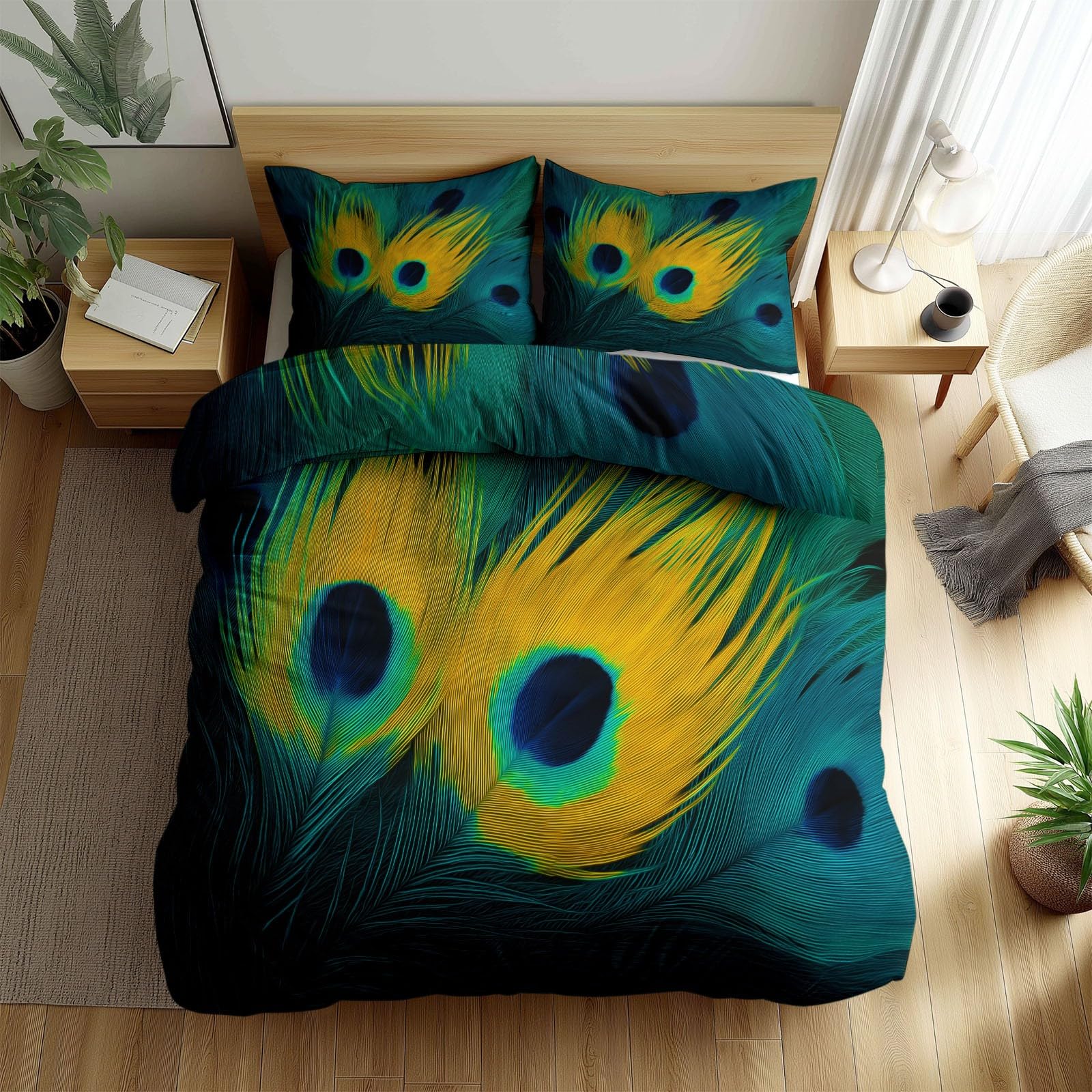 Double Size Duvet Cover Sets 200 x 200 cm, Reversible Abstract Blue Green Peacock Feathers Bedding Set - Soft Breathable Abstract Art Duvet Cover for Kids Adults Lightweight Bedding Easy Care
