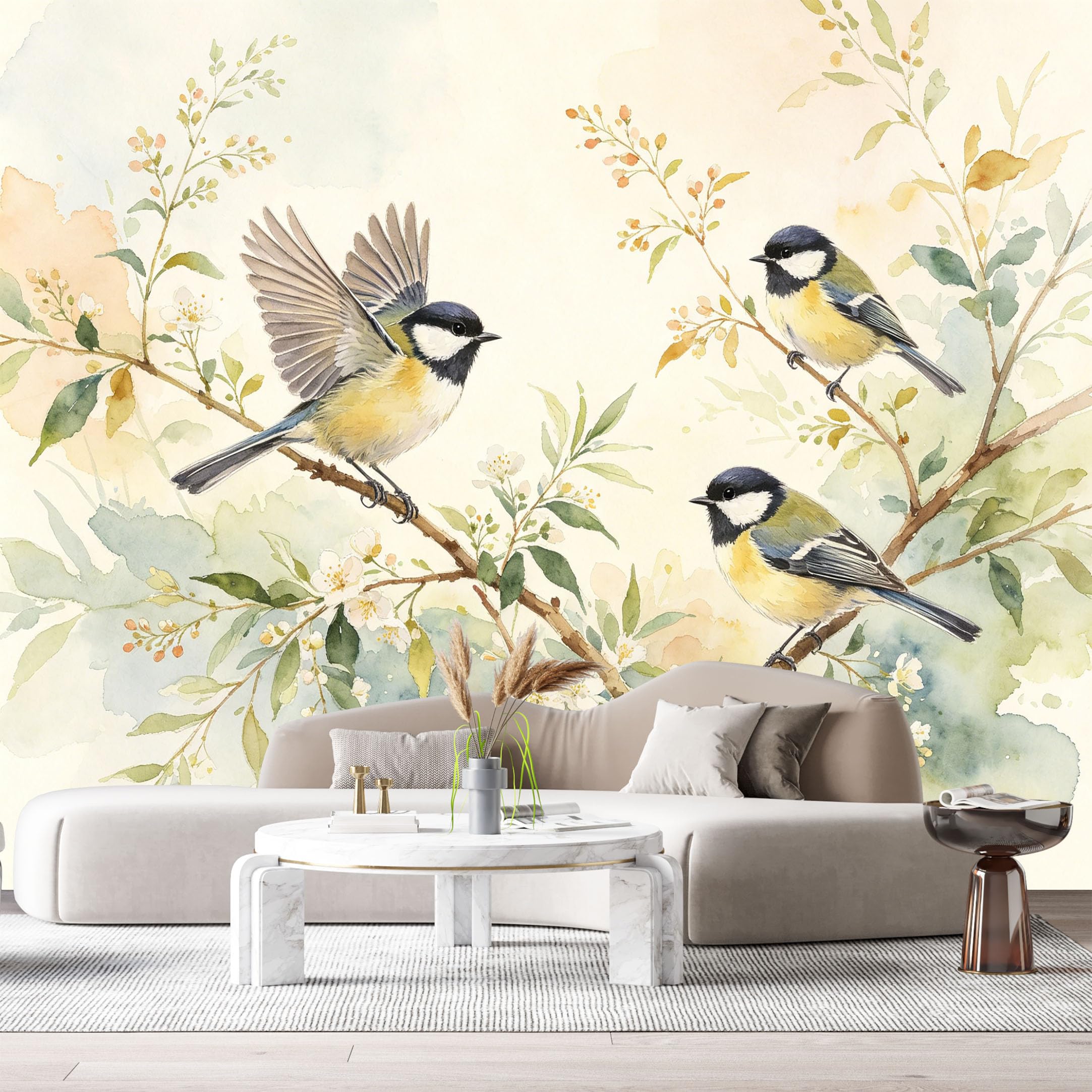 Custom Size Wall Murals Botanical Watercolor Birds Tree Branches SelfAdhesive Wall Fabric Removable Large Wallpaper for Photo Living Room Interior Decor Wall Art Mural