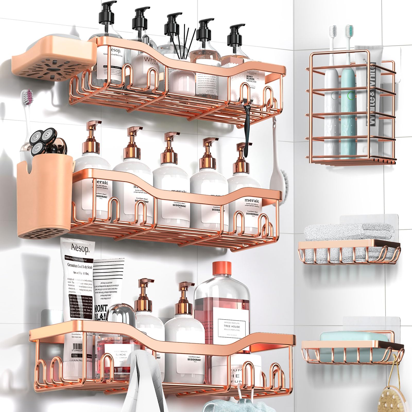 Shower Caddy Adhesive Shower Organizer 8-Pack, Rustproof Stainless Steel Bathroom Shelves, Large Capacity No-Drill Rack Storage Accessories with Soap Dish Toothbrush Holder Hooks