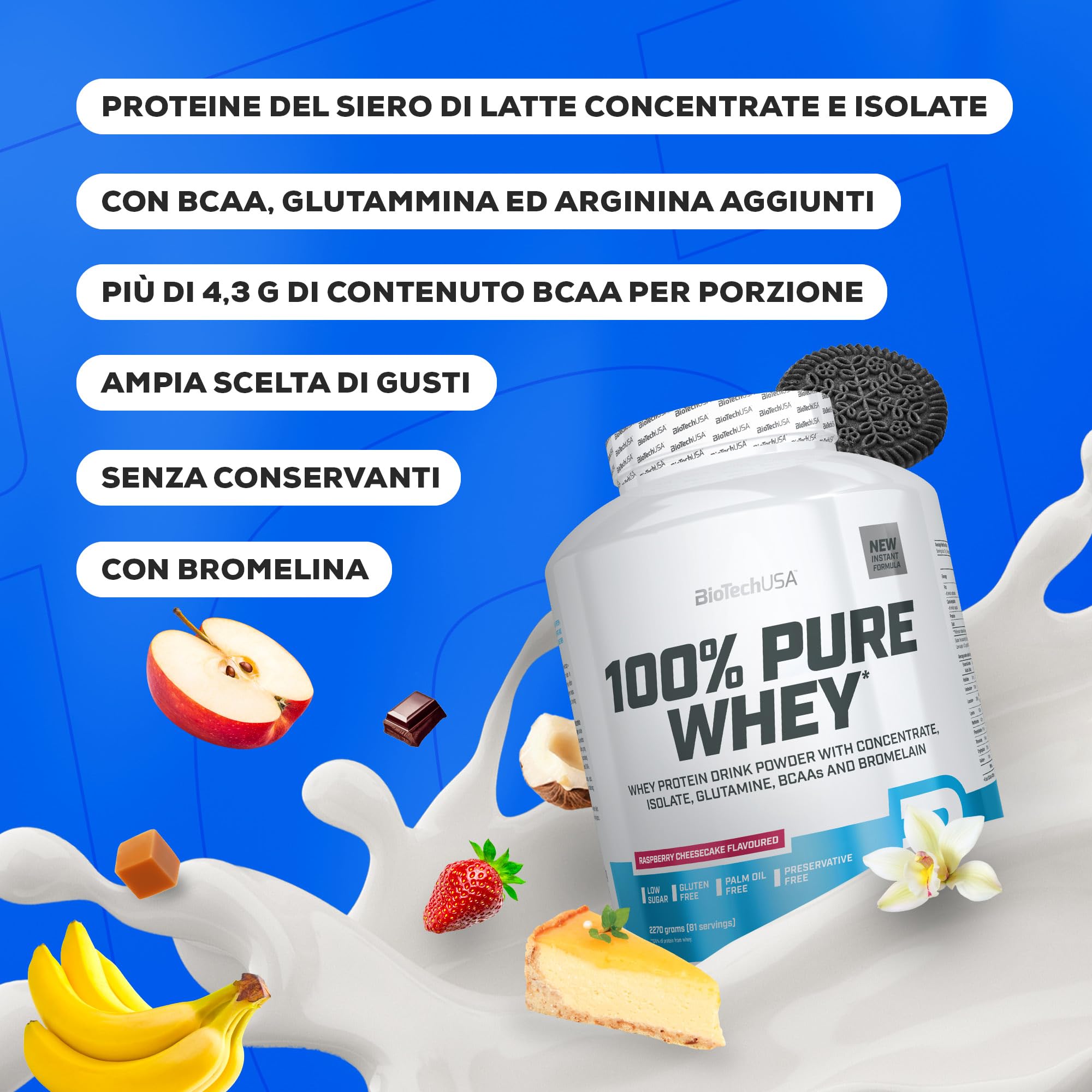 BioTechUSA 100% Pure Whey Complesso proteico del siero di latte con bromelina, aminoacidi, senza zuccheri aggiunti, senza olio di palma e con edulcorante, 1 kg, Cioccolato