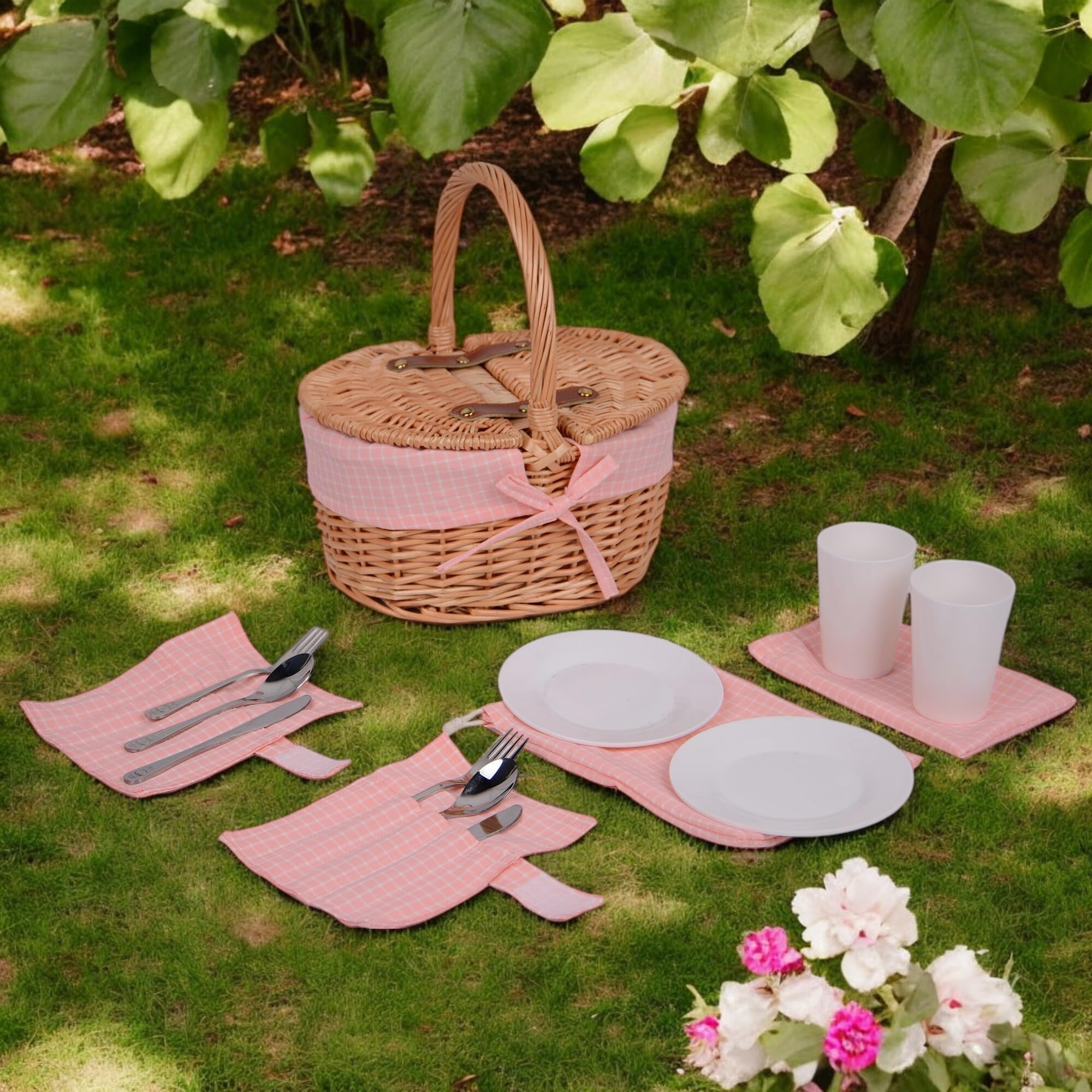 UNUS Panier de pique-nique ovale pour enfant en osier avec revêtement en tissu - Kit complet pour 2 personnes avec couverts, assiettes et gobelets, panier en osier portable pour pique-nique et
